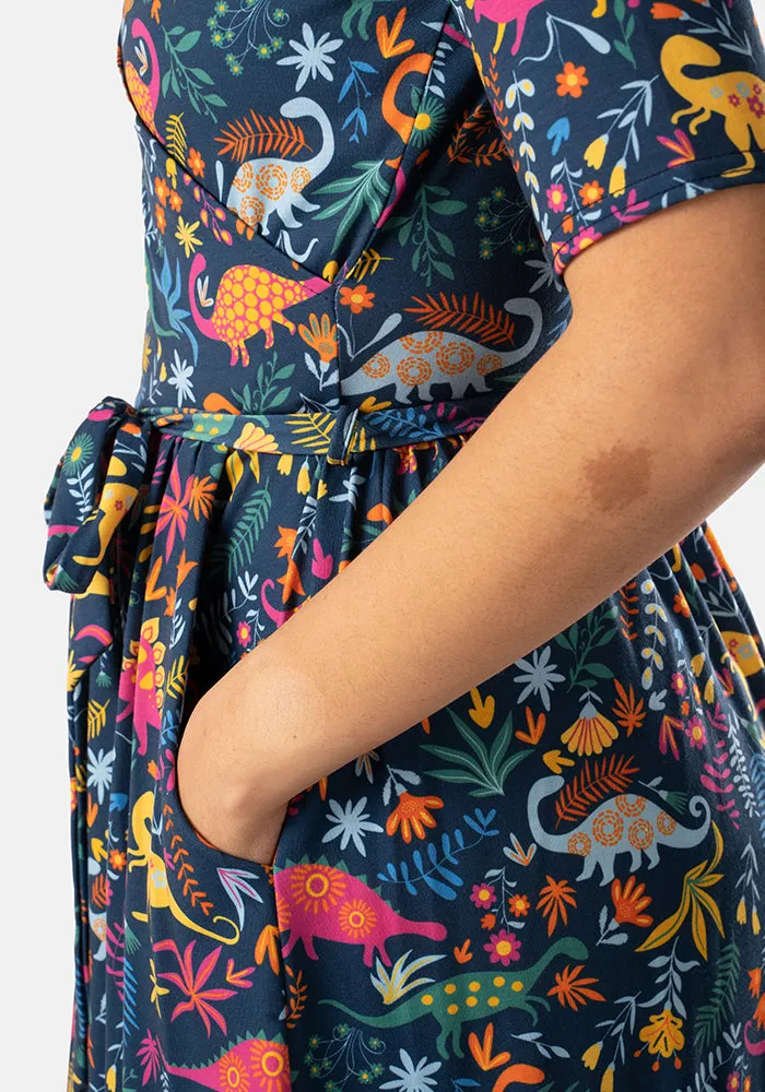 Stegosaurus Dinosaur Garden Print Midi Dress