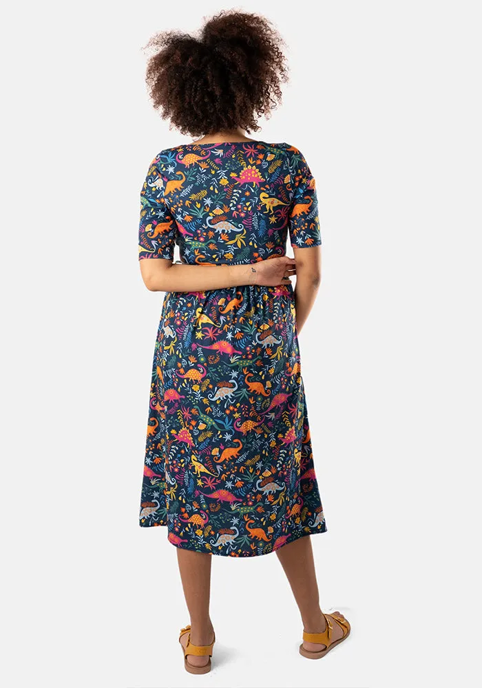 Stegosaurus Dinosaur Garden Print Midi Dress