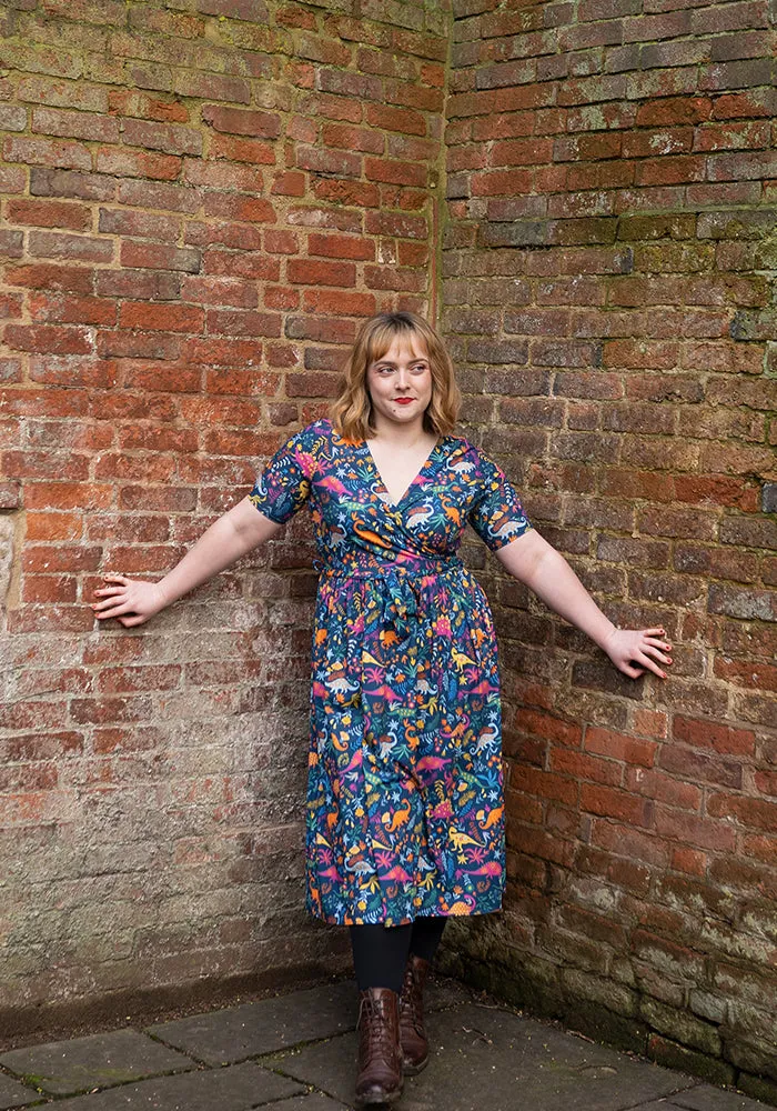 Stegosaurus Dinosaur Garden Print Midi Dress