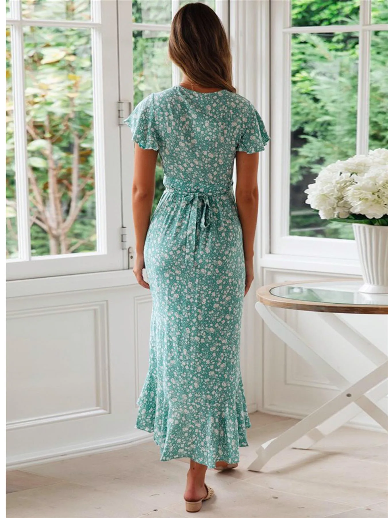 Summer Wrap Maxi Dress In Mint Floral Print