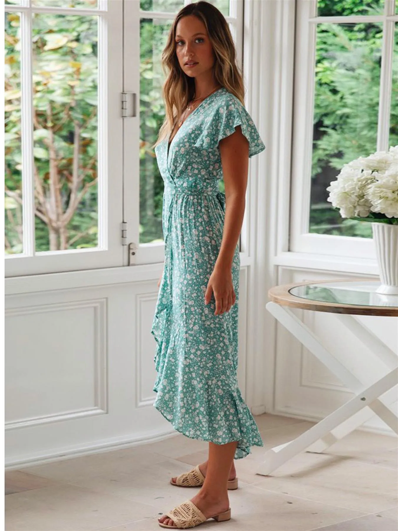 Summer Wrap Maxi Dress In Mint Floral Print