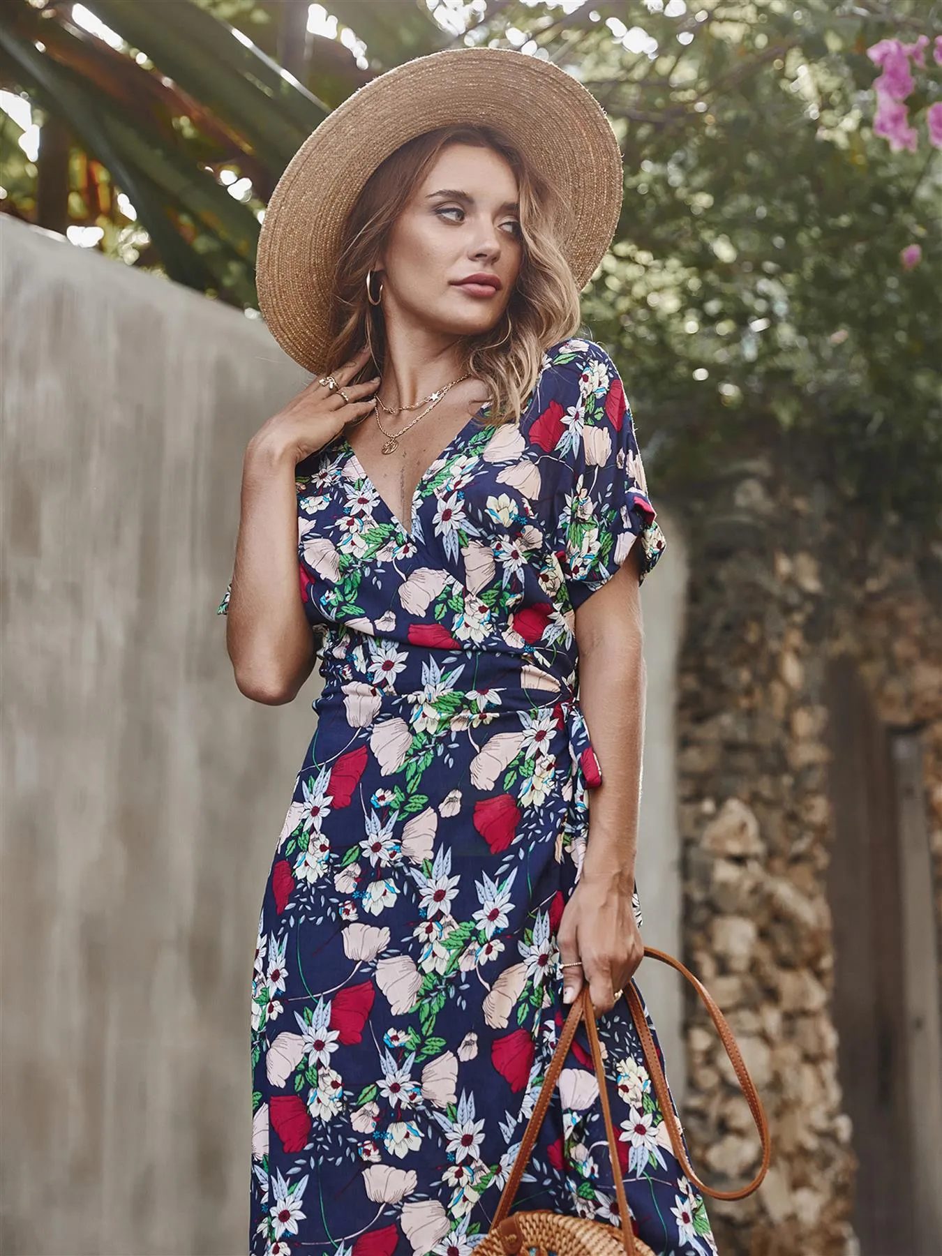 Summer Wrap Midi Dress In Navy Floral Print