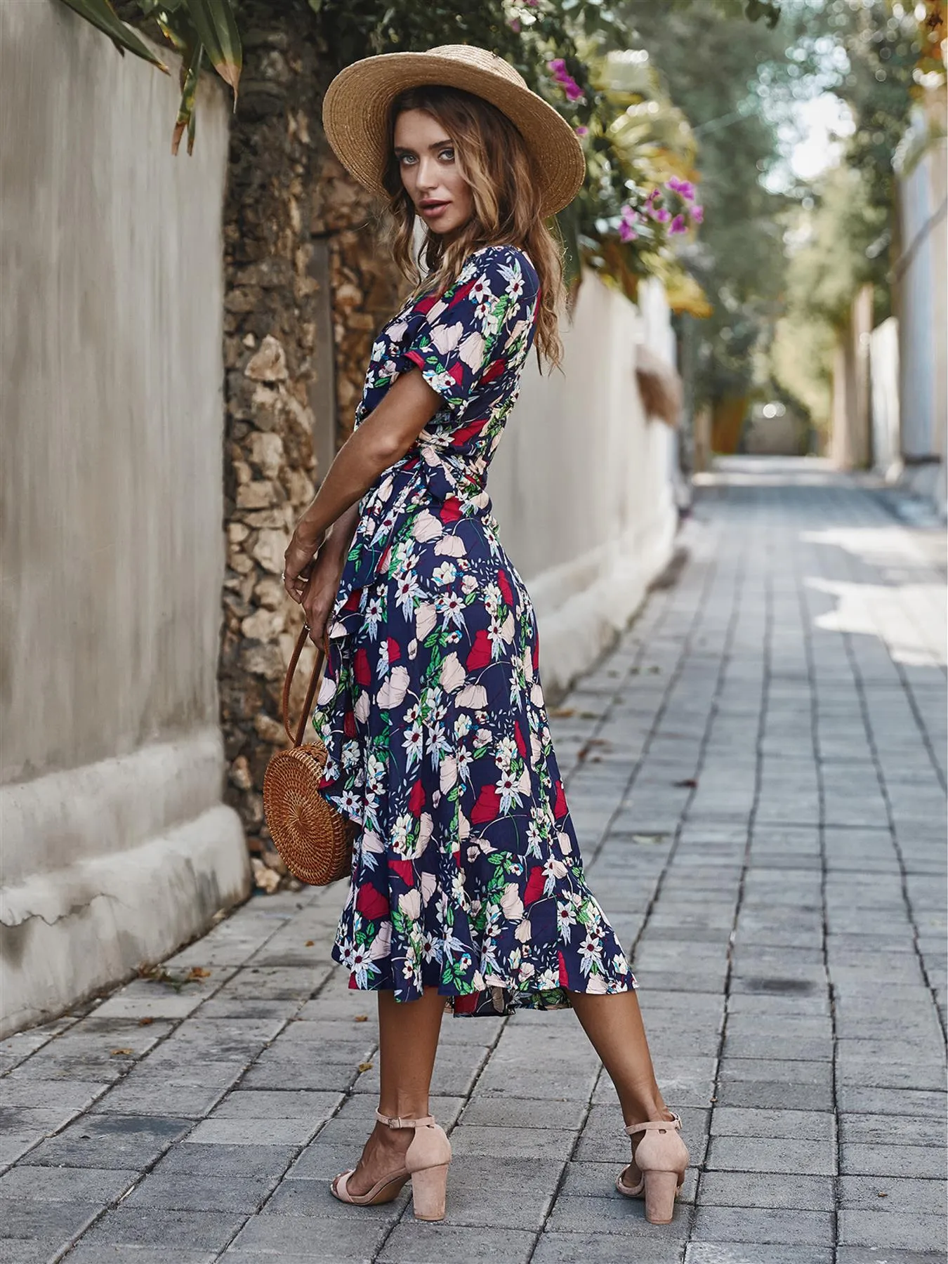 Summer Wrap Midi Dress In Navy Floral Print