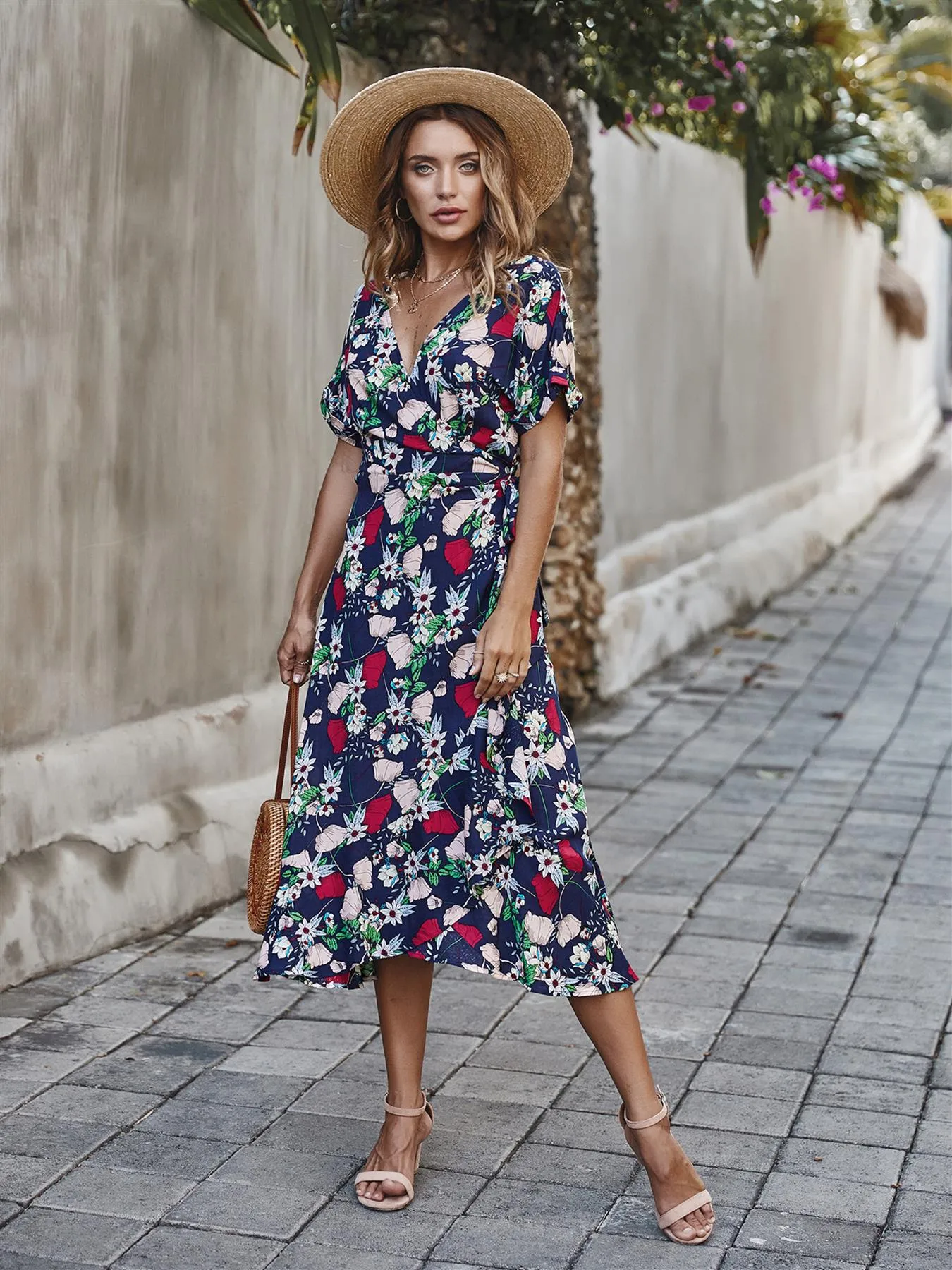 Summer Wrap Midi Dress In Navy Floral Print