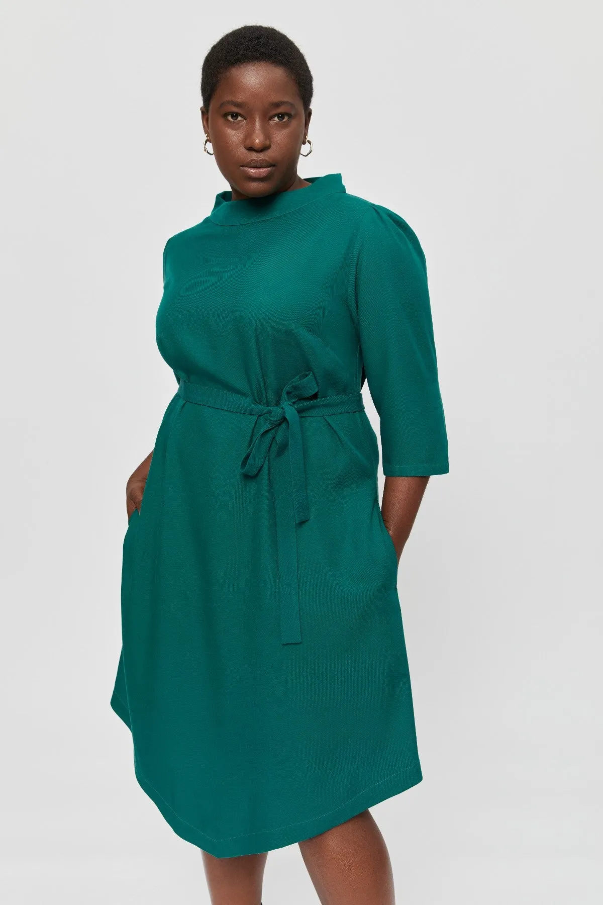 Suzi | Belted Angle Dress with Boat Neckline in Emerald Green