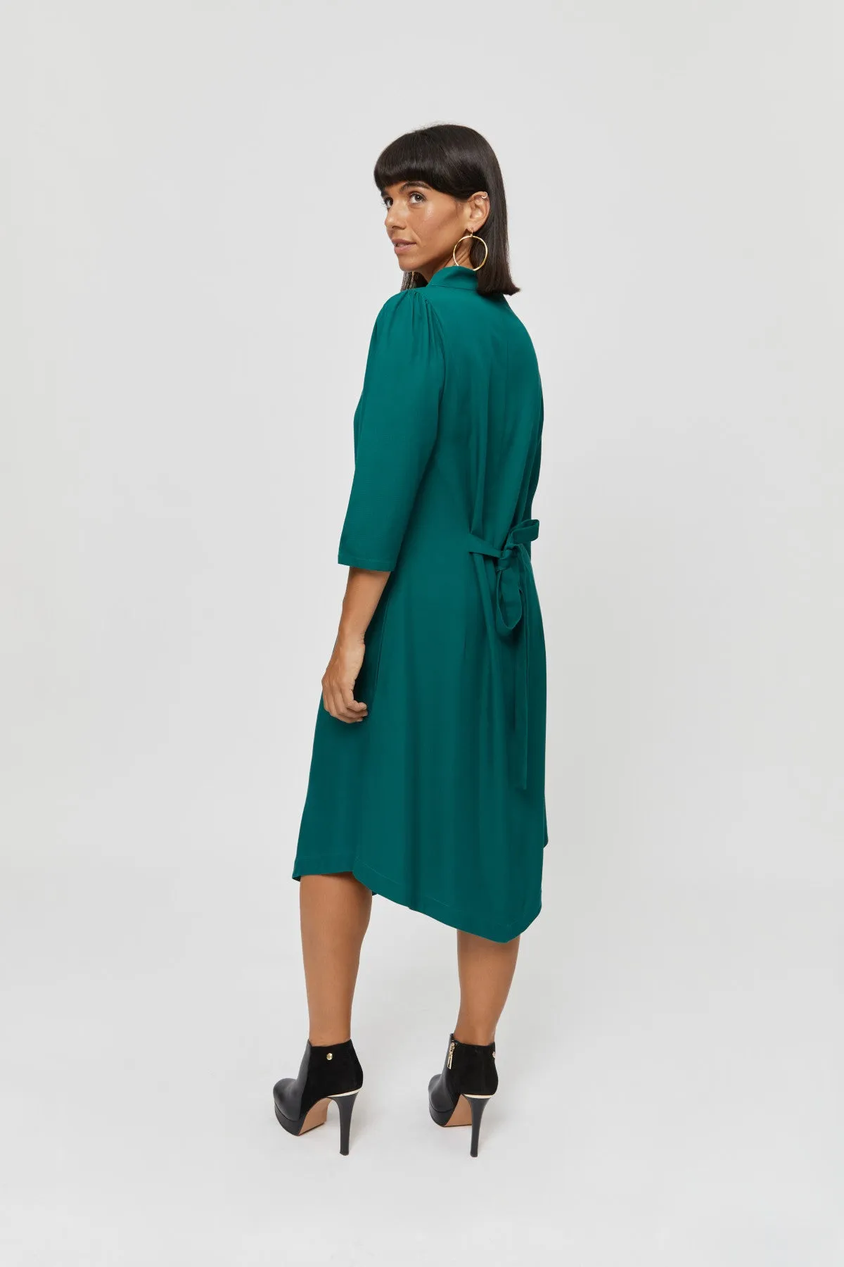 Suzi | Belted Angle Dress with Boat Neckline in Emerald Green