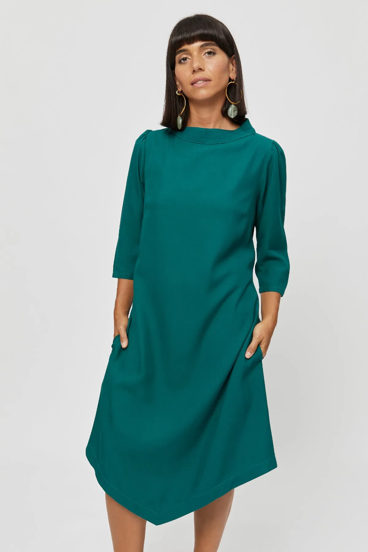 Suzi | Belted Angle Dress with Boat Neckline in Emerald Green