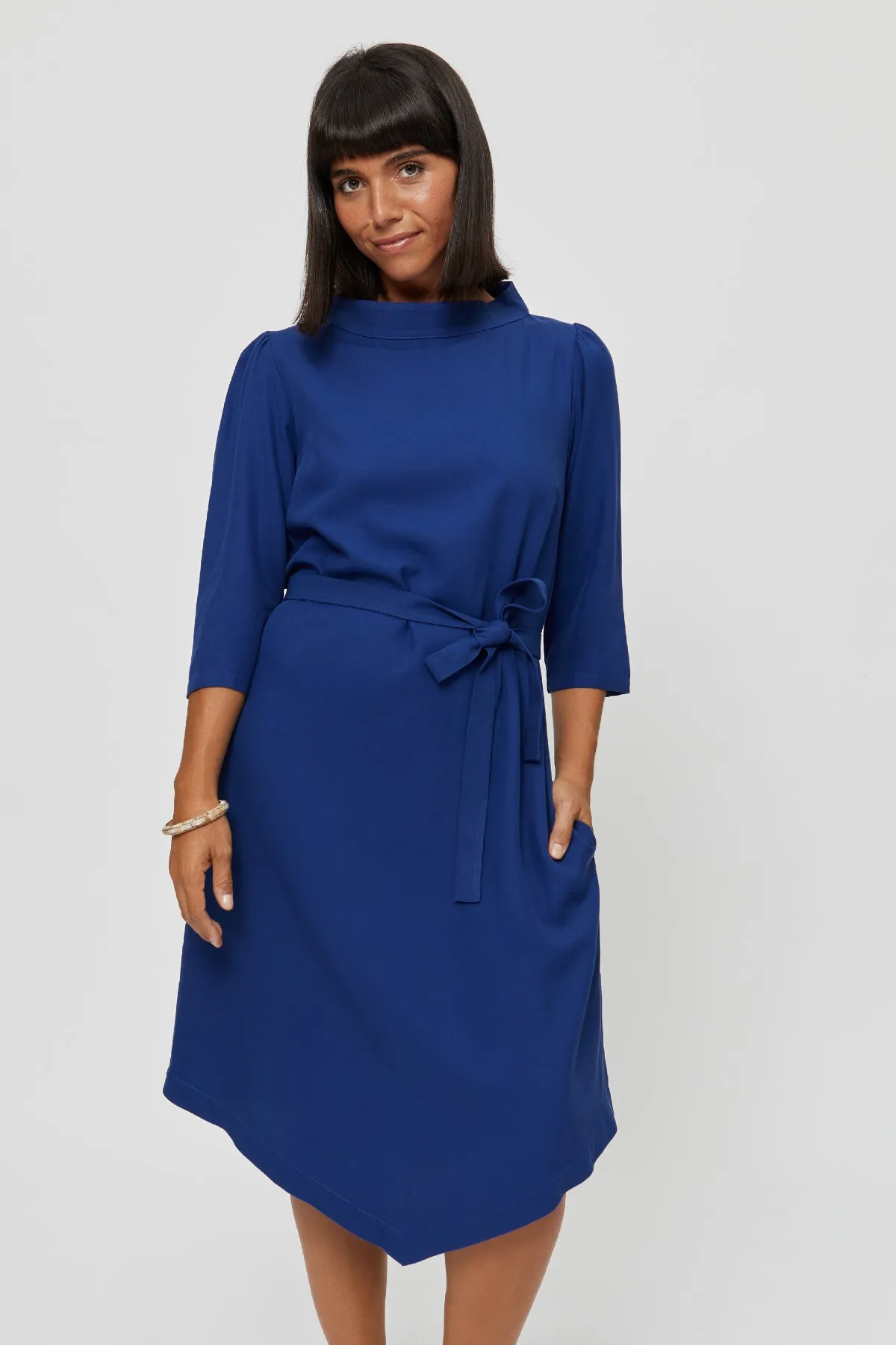 Suzi | Belted Angle Dress with Boat Neckline in Midnight Blue