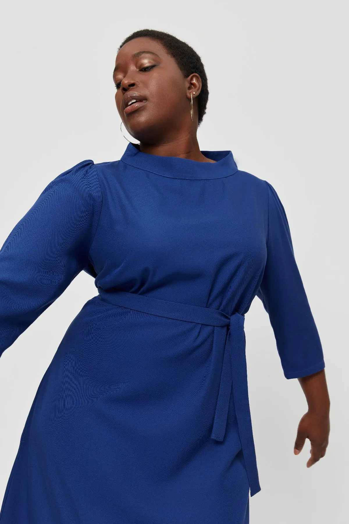 Suzi | Belted Angle Dress with Boat Neckline in Midnight Blue