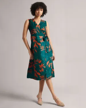 Teal Green Organza Botanic Print Wrap Midi Dress