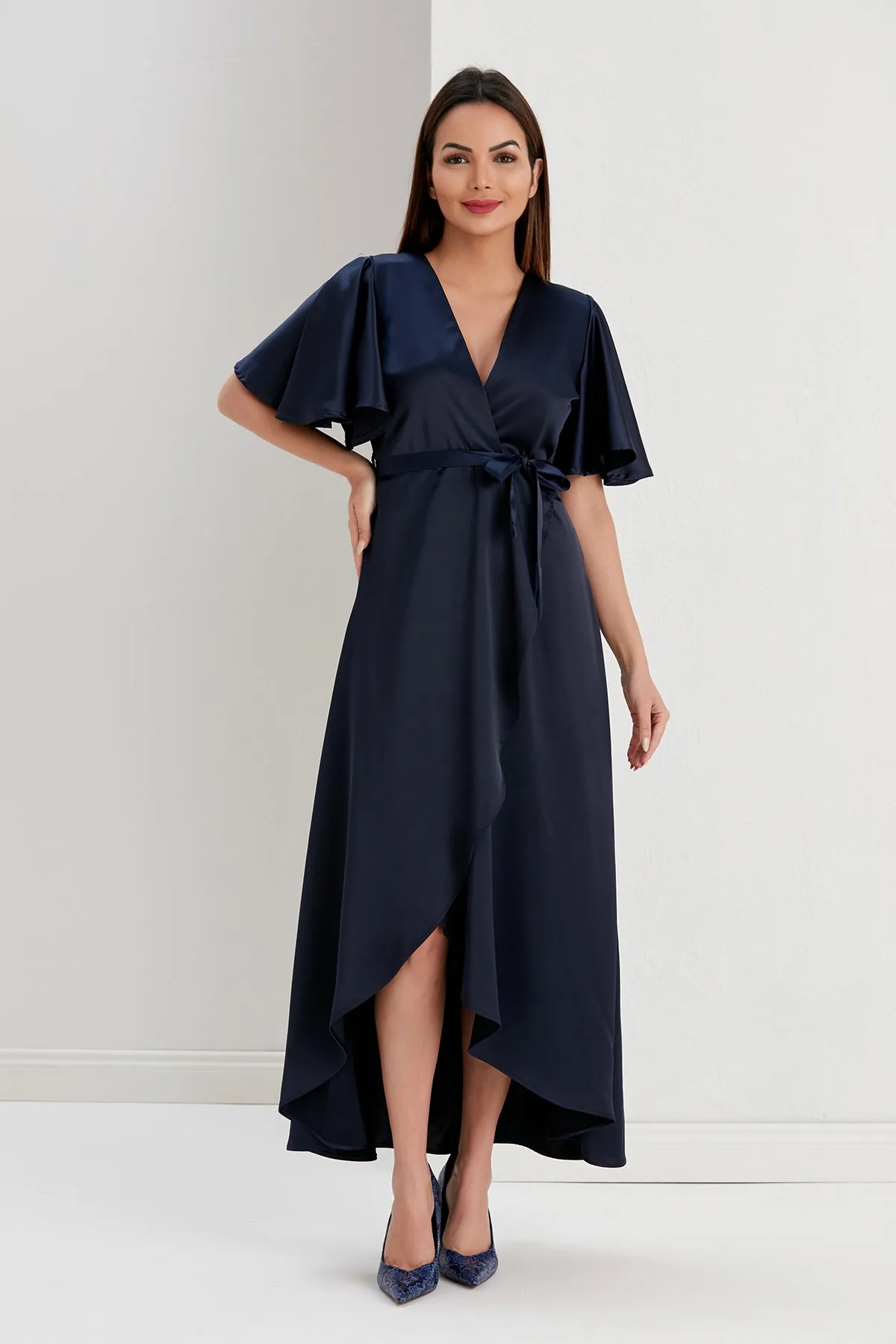 Tessa Navy Satin Wrap Midi Dress