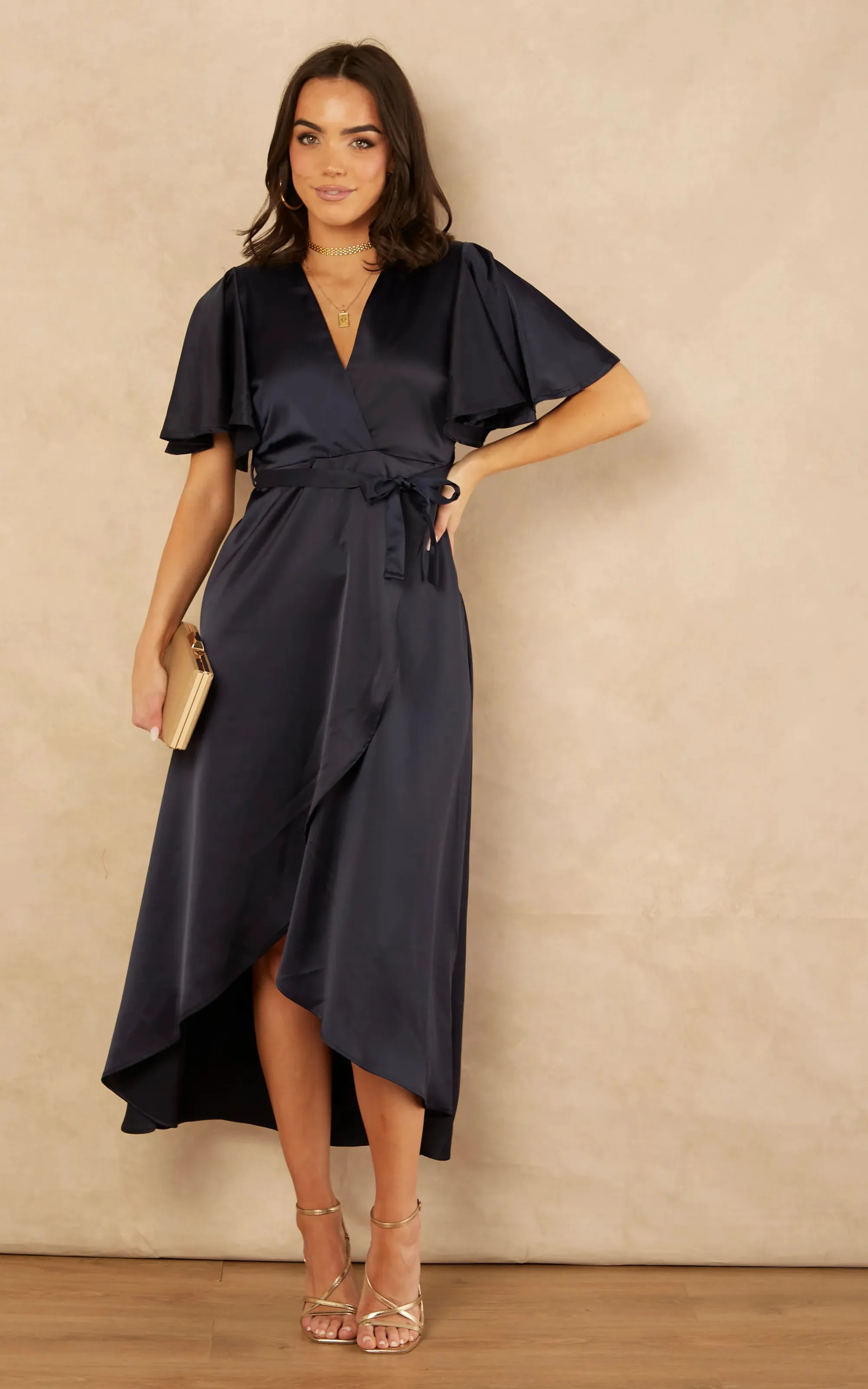 Tessa Navy Satin Wrap Midi Dress