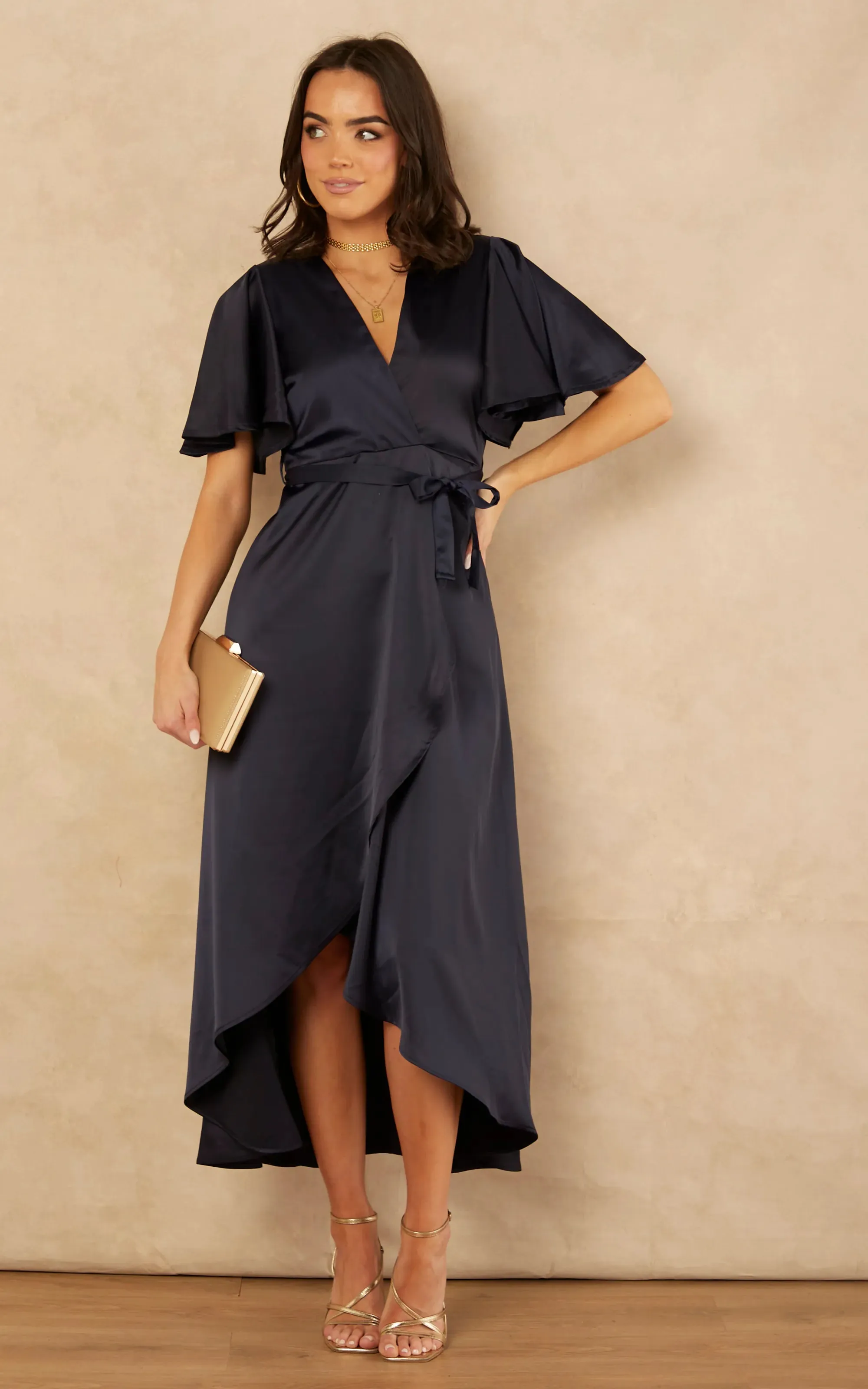 Tessa Navy Satin Wrap Midi Dress