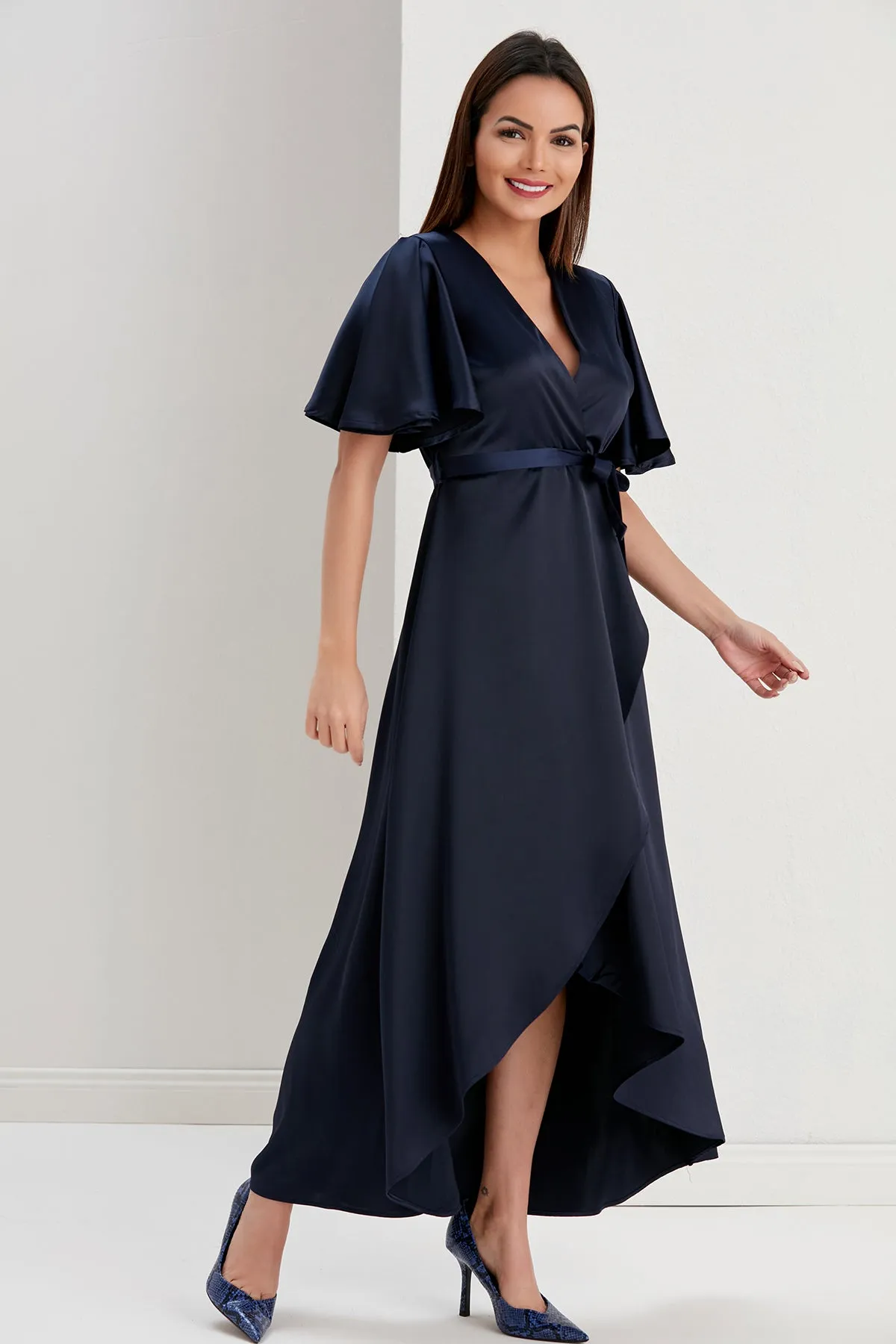 Tessa Navy Satin Wrap Midi Dress