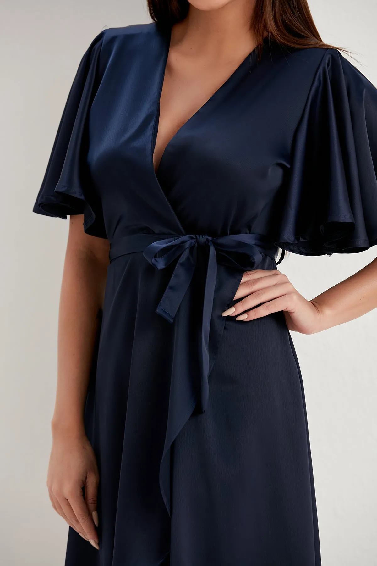 Tessa Navy Satin Wrap Midi Dress