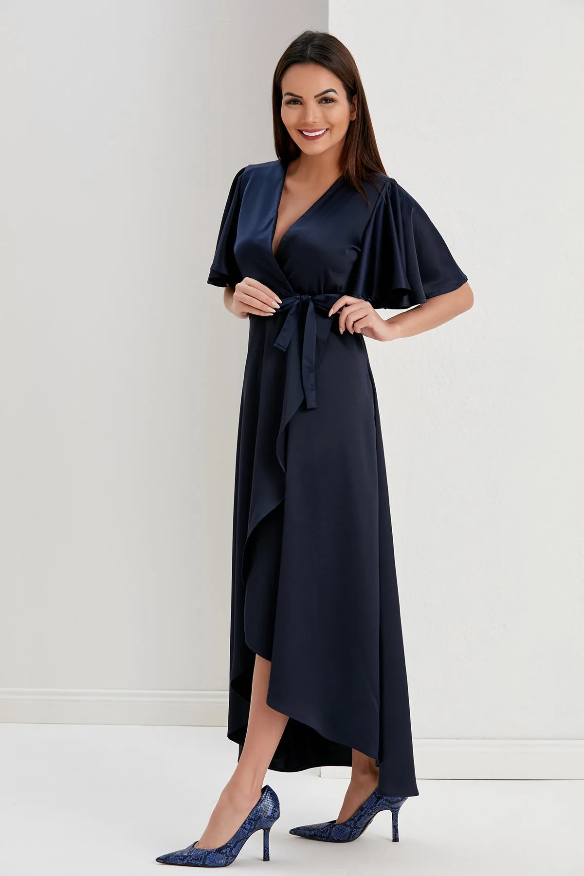 Tessa Navy Satin Wrap Midi Dress