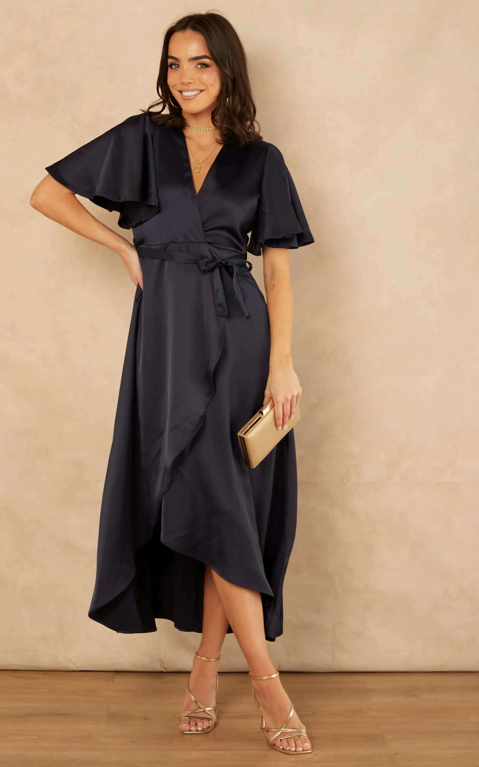 Tessa Navy Satin Wrap Midi Dress