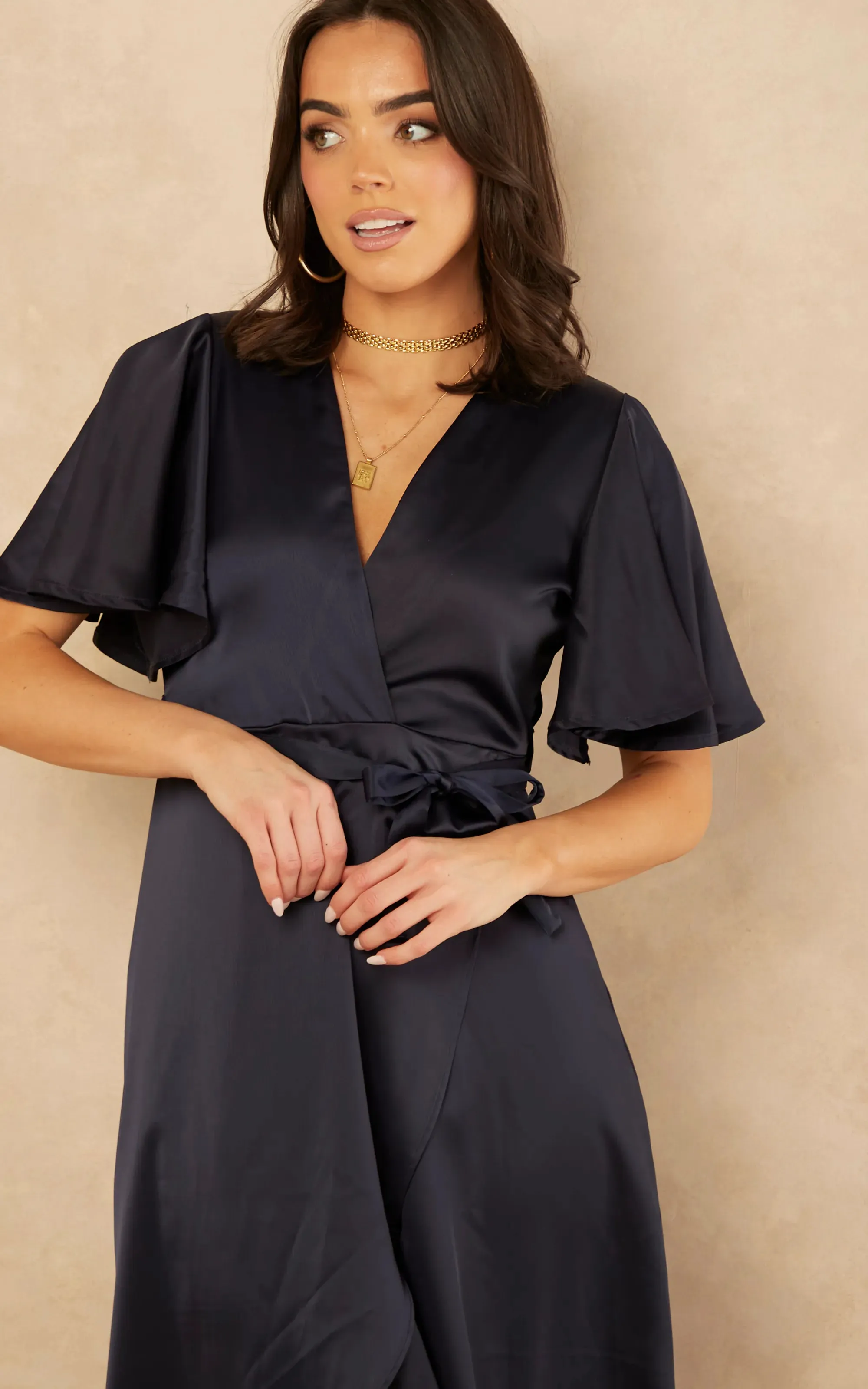 Tessa Navy Satin Wrap Midi Dress