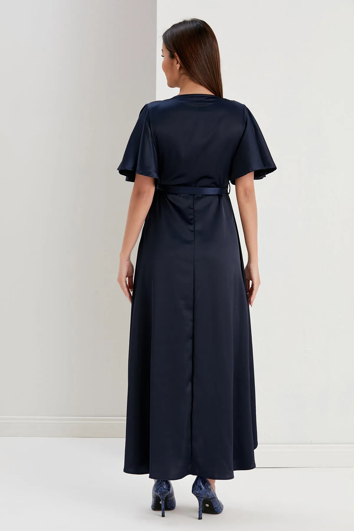 Tessa Navy Satin Wrap Midi Dress