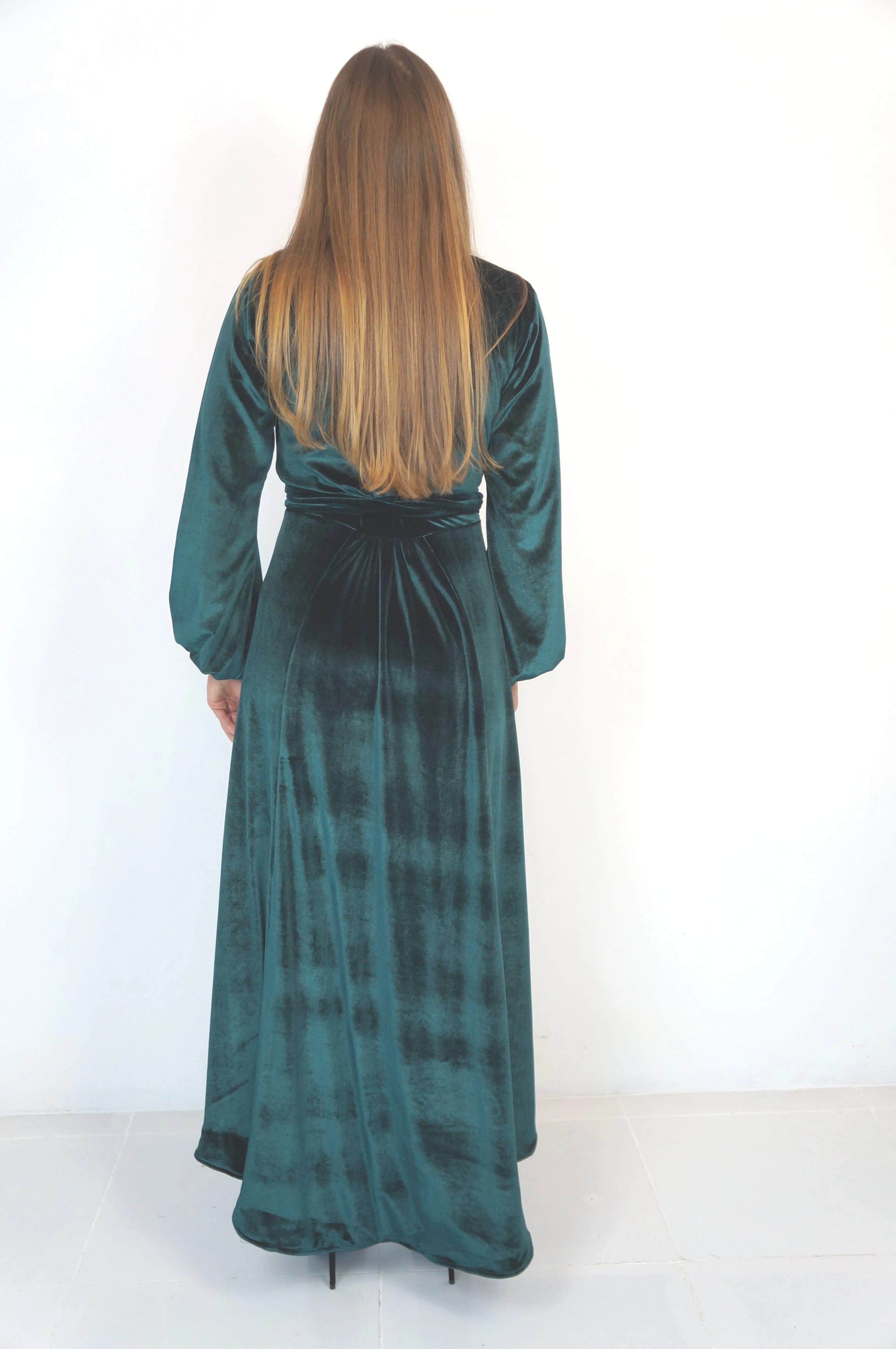 The Maxi Velvet Wrap Dress - Green Velvet