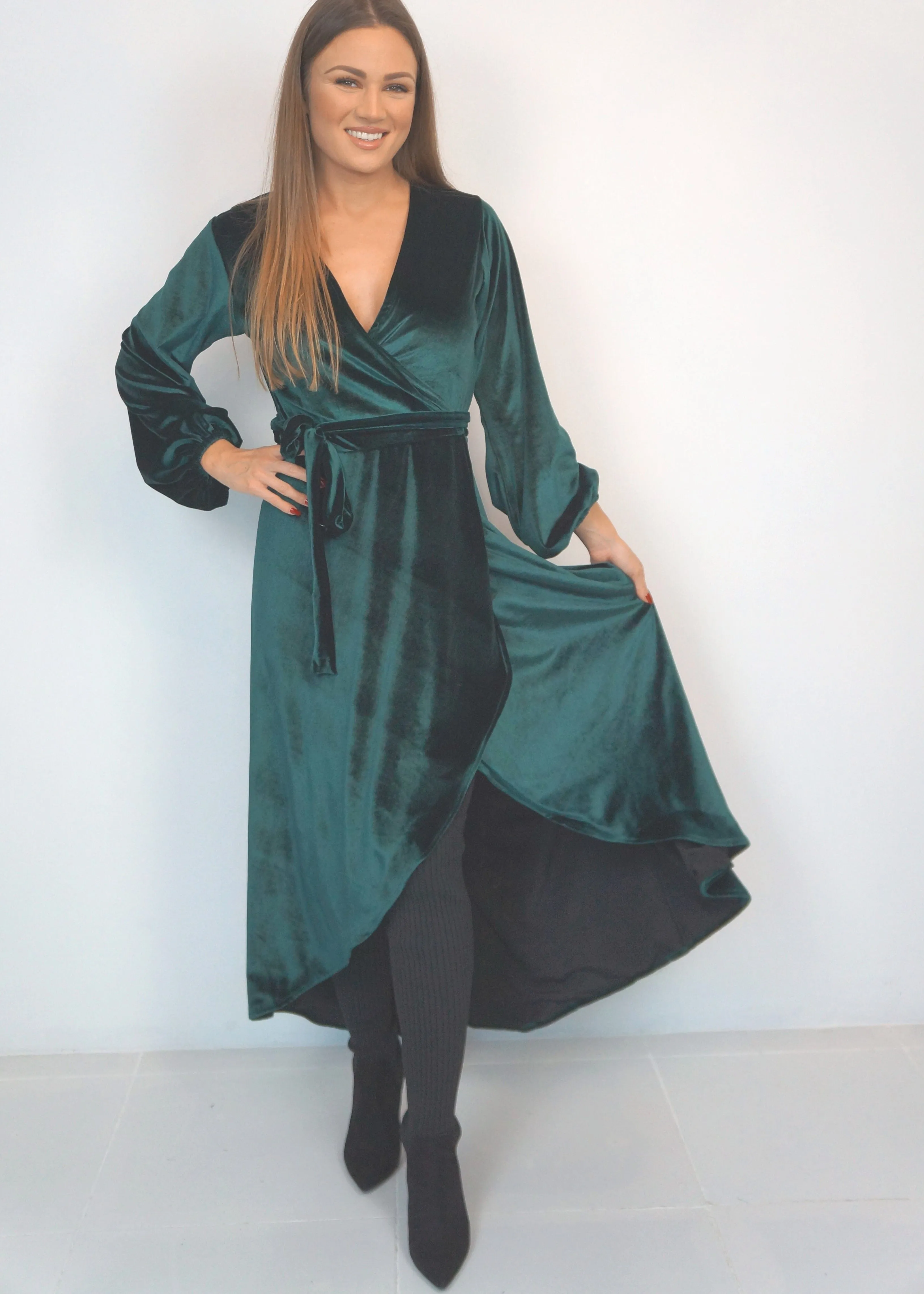 The Maxi Velvet Wrap Dress - Green Velvet