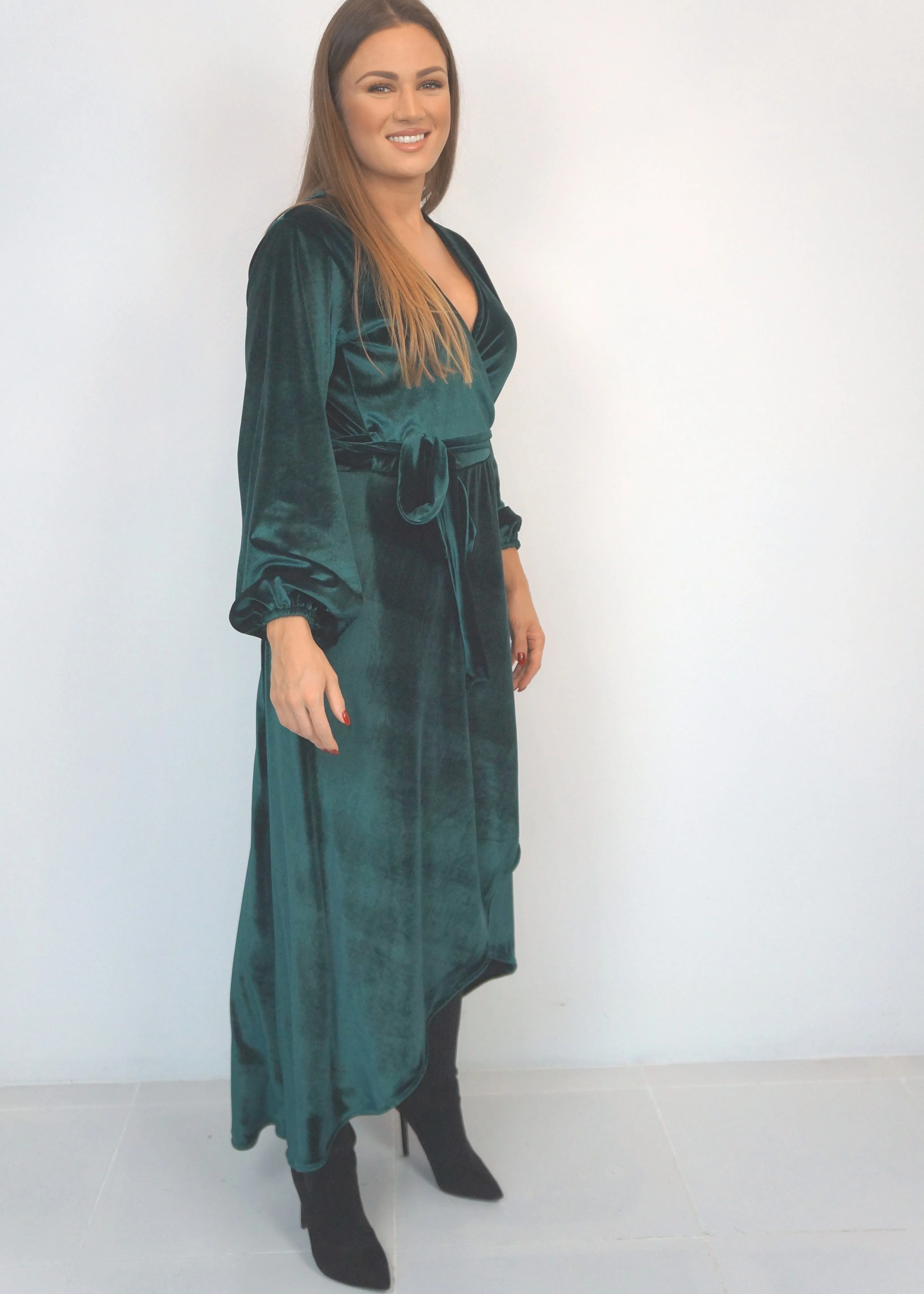 The Maxi Velvet Wrap Dress - Green Velvet