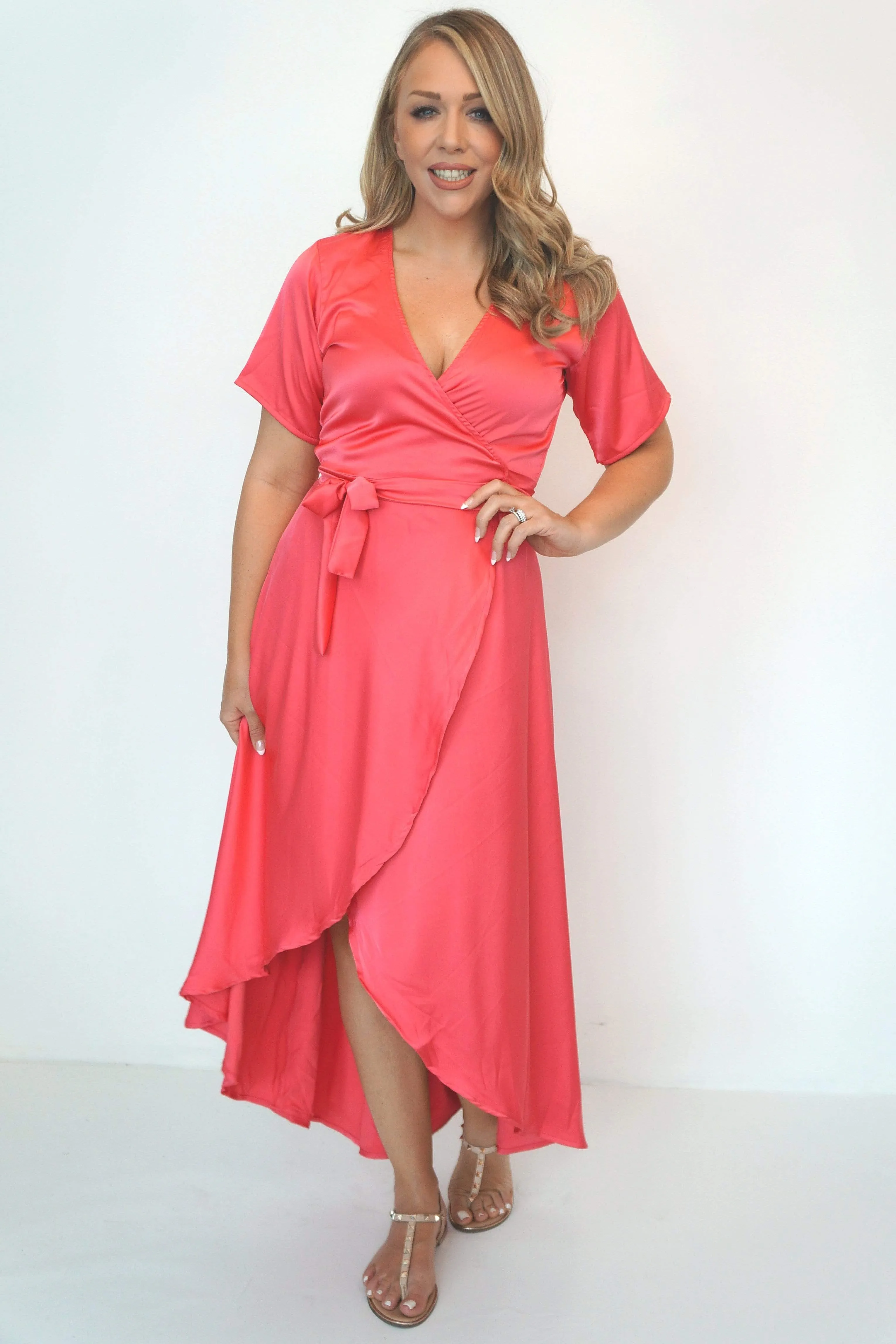 The Maxi Wrap Dress - Coral Blush Satin