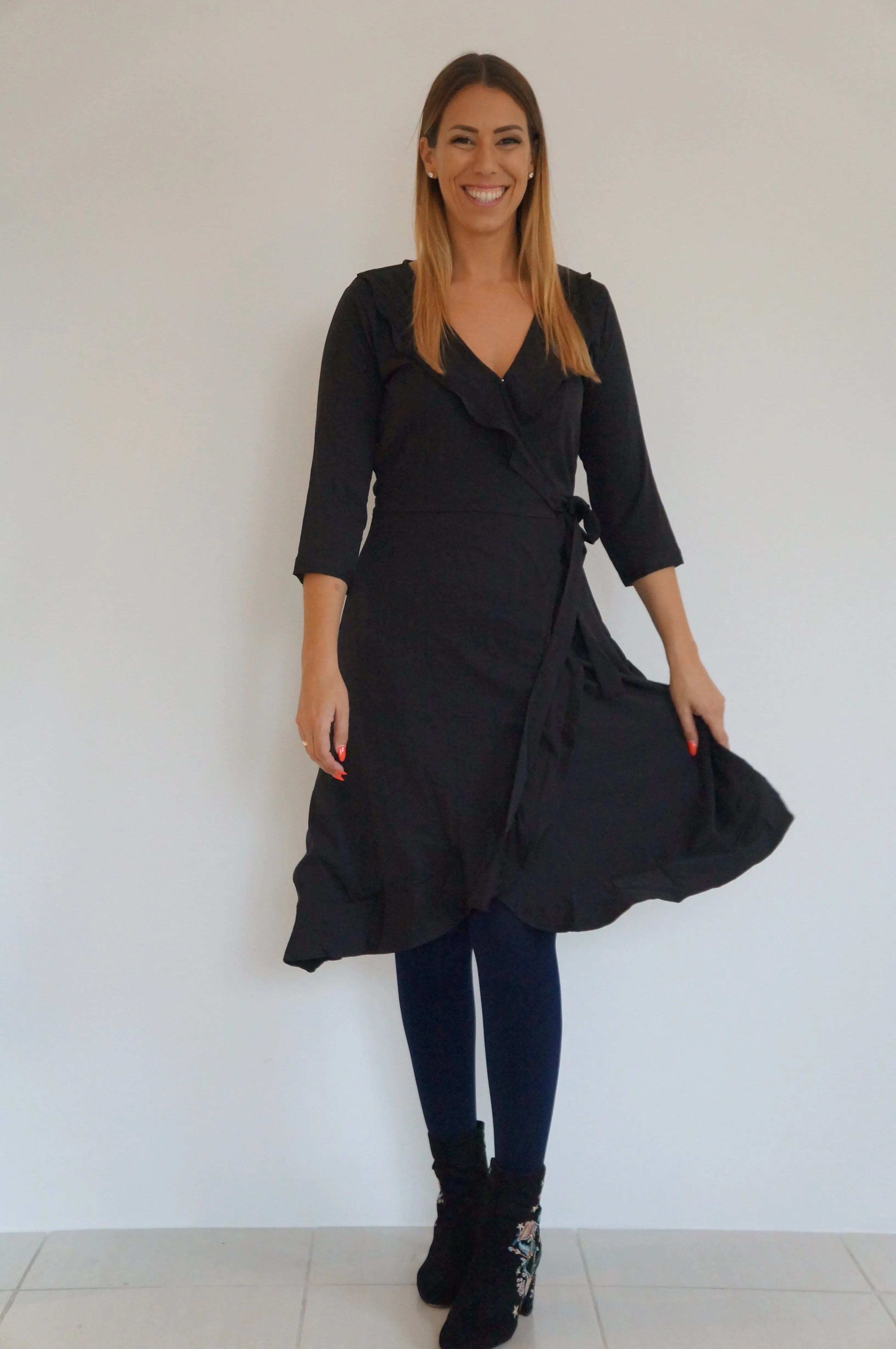 The Midi Flirty Wrap Dress - Midnight Black