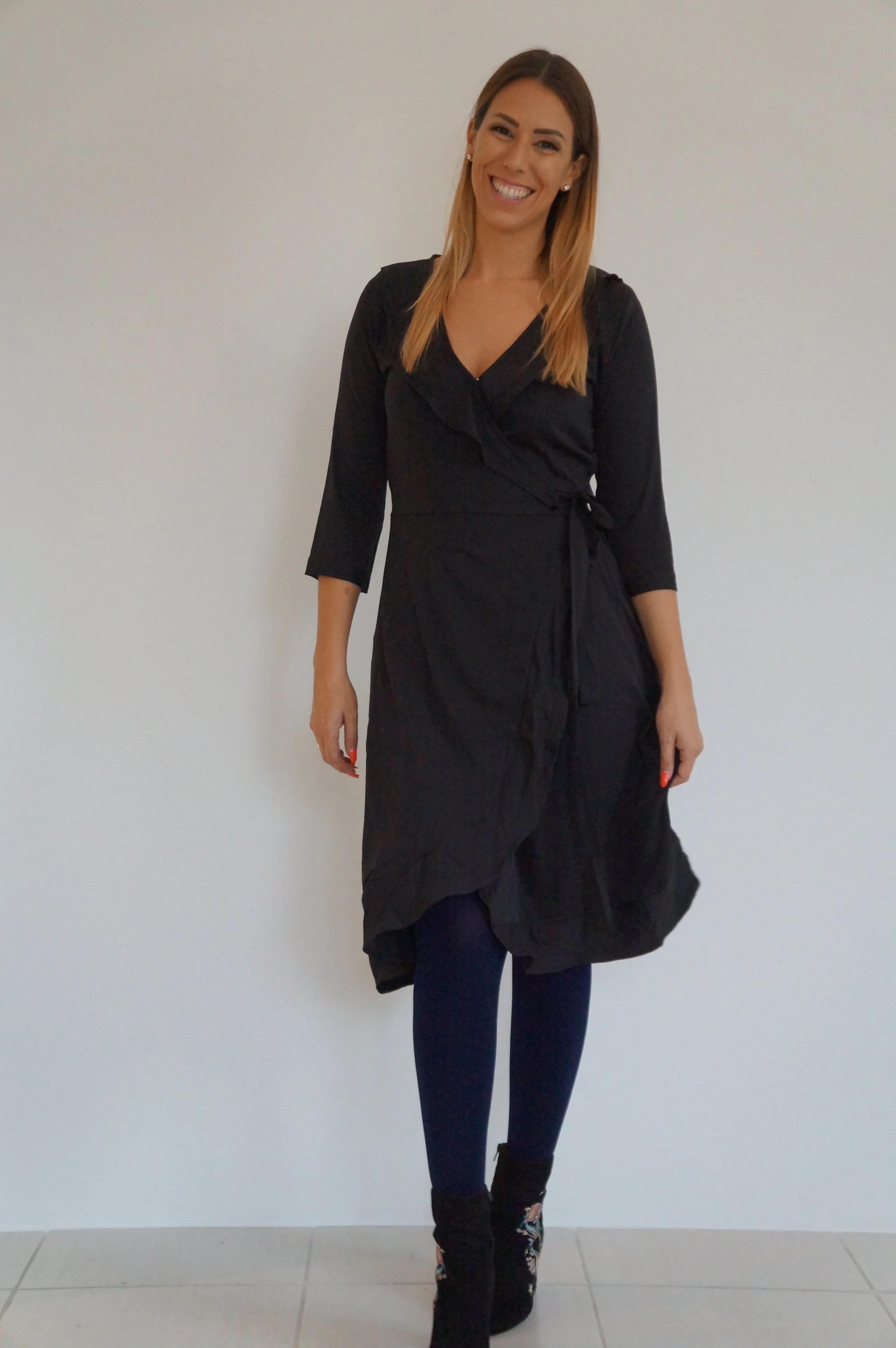 The Midi Flirty Wrap Dress - Midnight Black