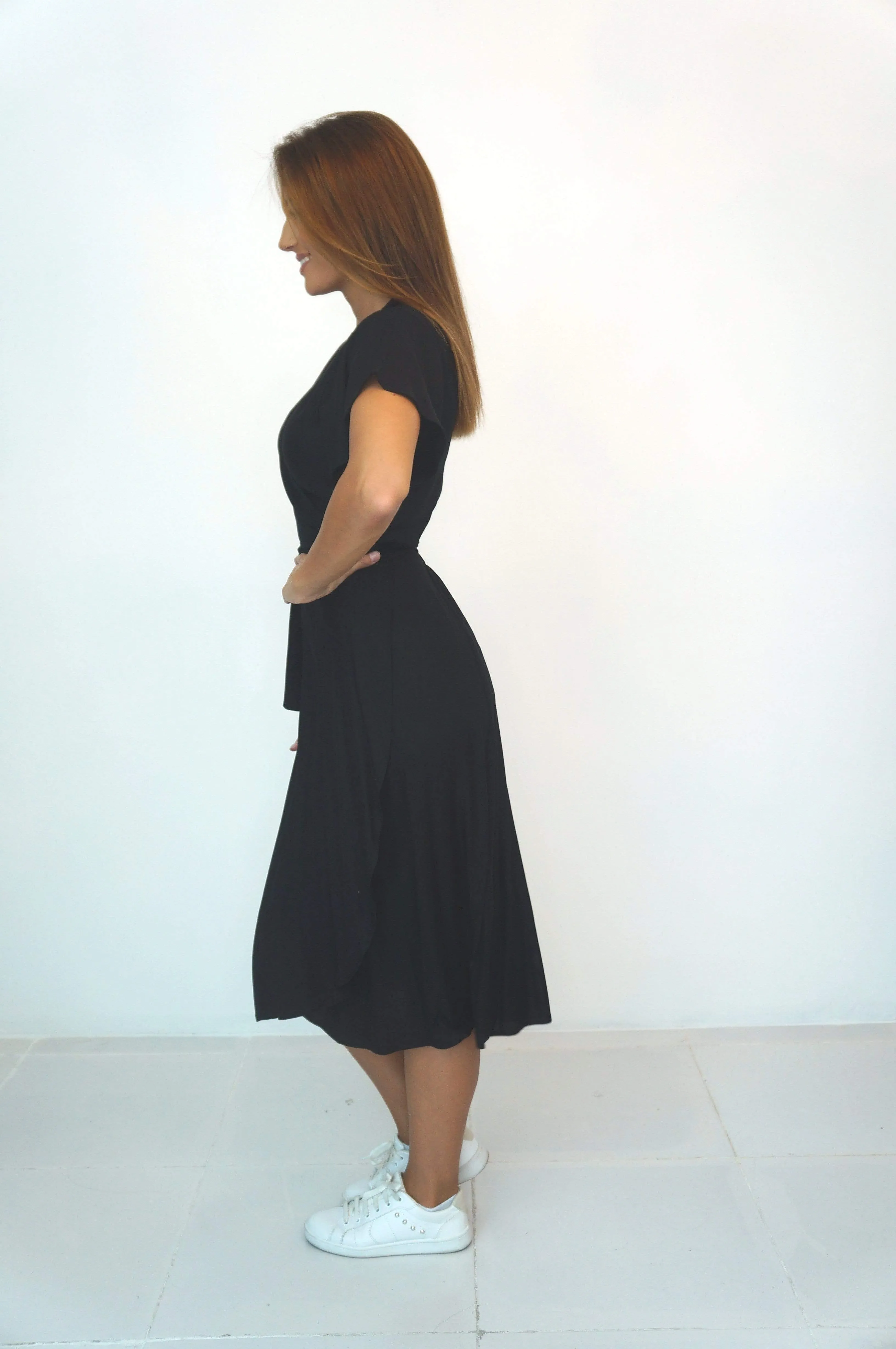 The Midi Wrap Dress w/ Cap Sleeves - Midnight Black