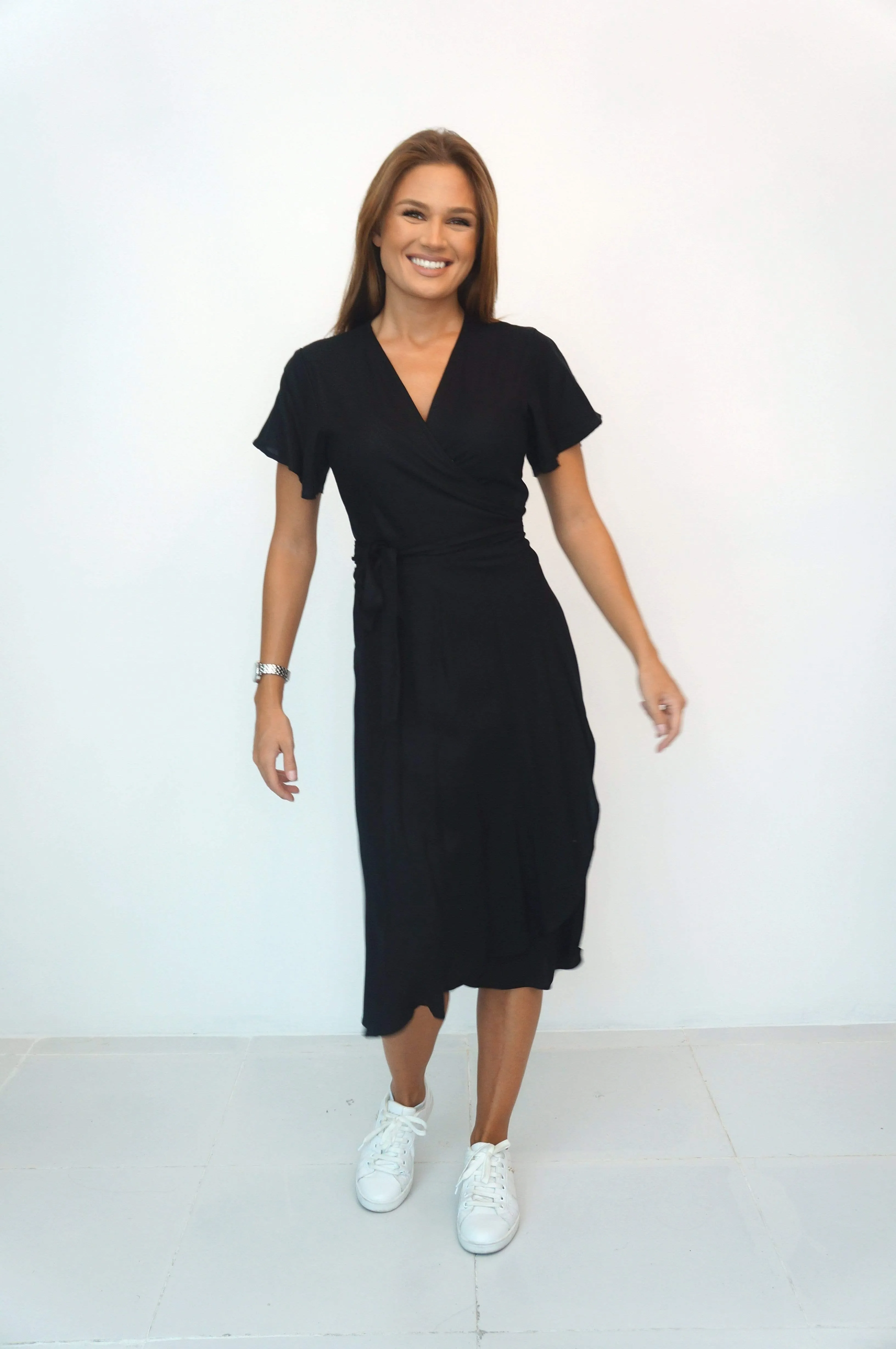 The Midi Wrap Dress w/ Cap Sleeves - Midnight Black