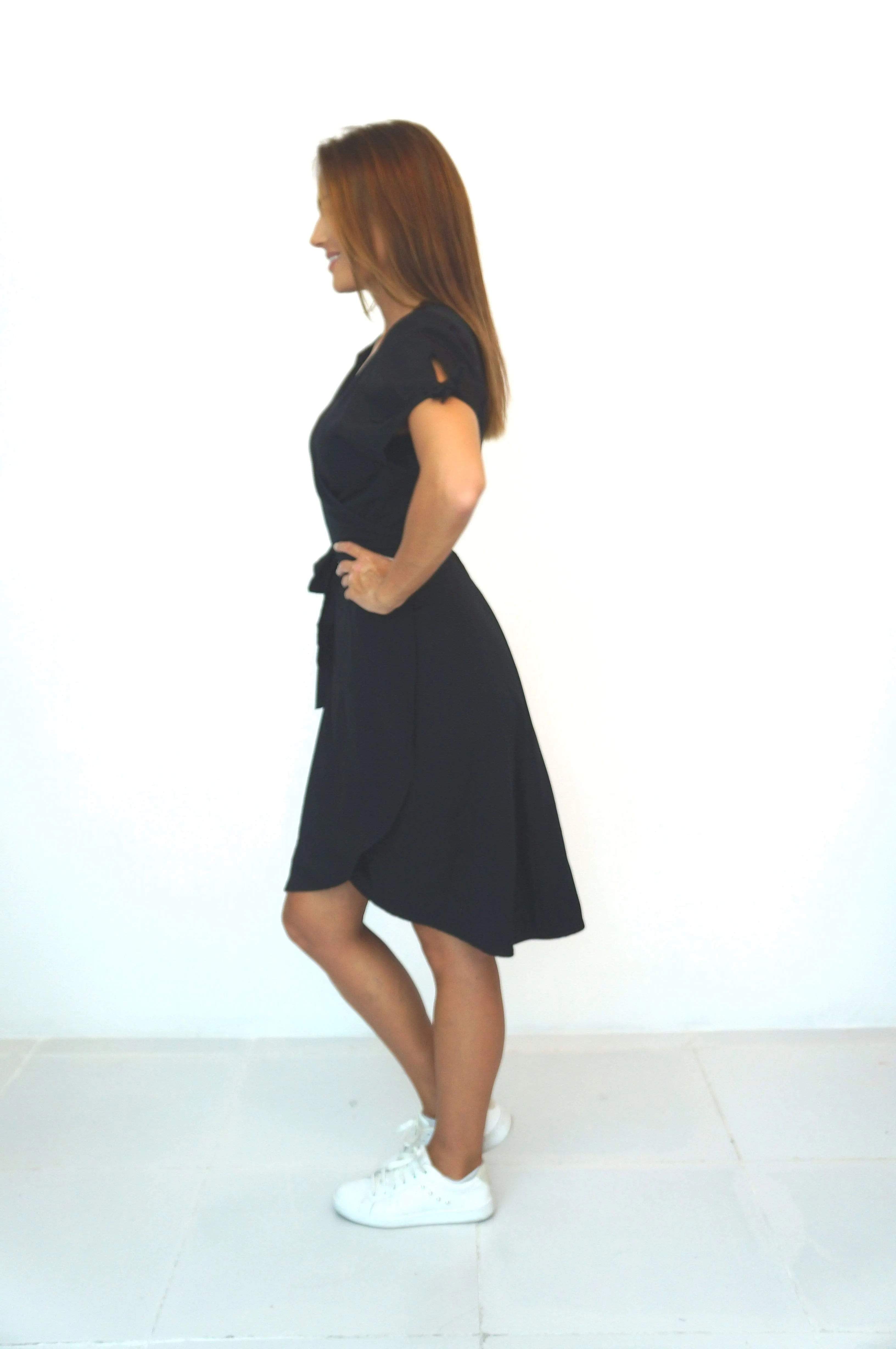 The Midi Wrap Dress w/ Cap Sleeves - Midnight Black