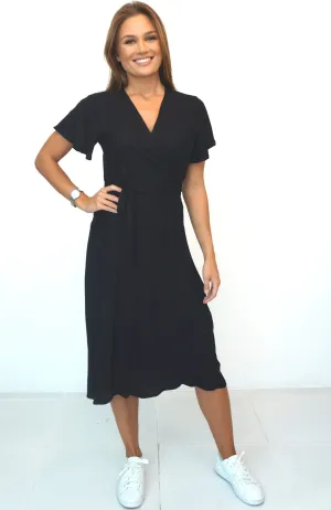 The Midi Wrap Dress w/ Cap Sleeves - Midnight Black