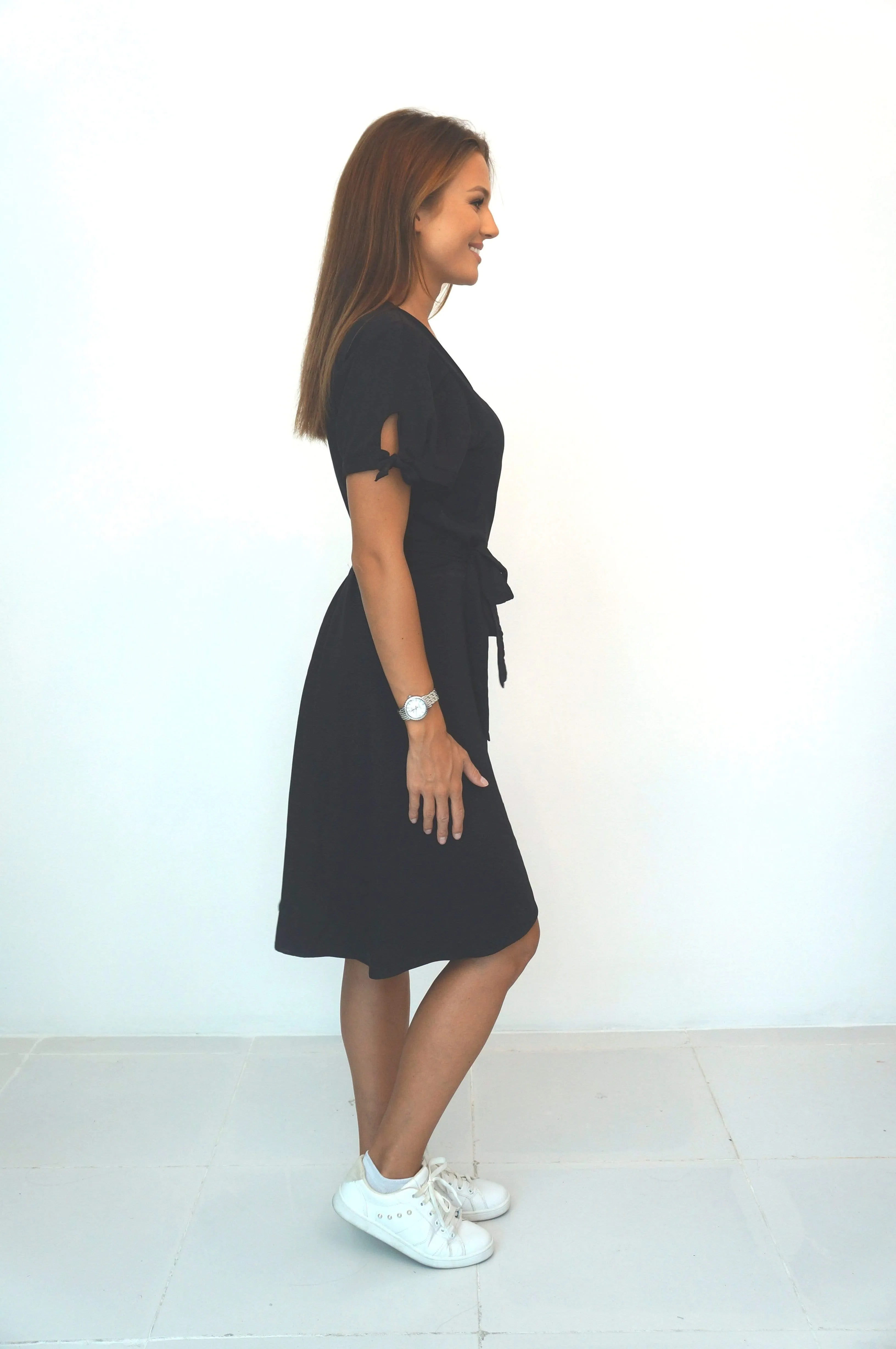 The Midi Wrap Dress w/ Cap Sleeves - Midnight Black