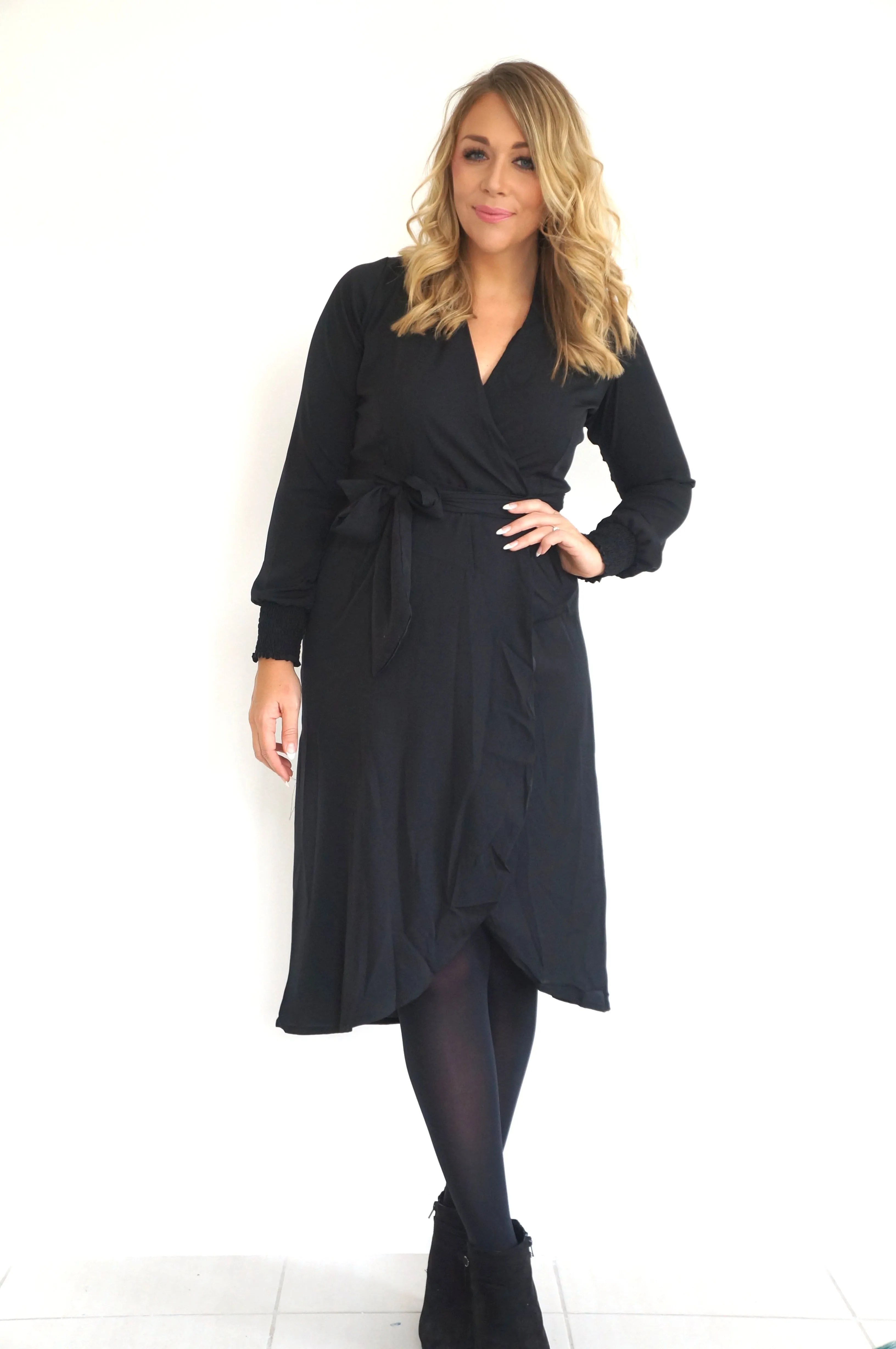 The Midi Wrap Dress w/ Elastic Cuff Sleeves - Midnight Black