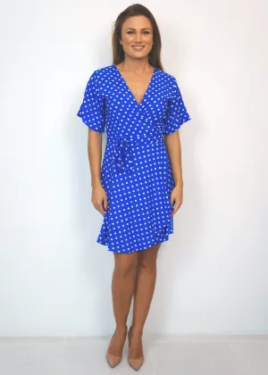 The Mini Wrap Dress - Royal Blue Polka Dot