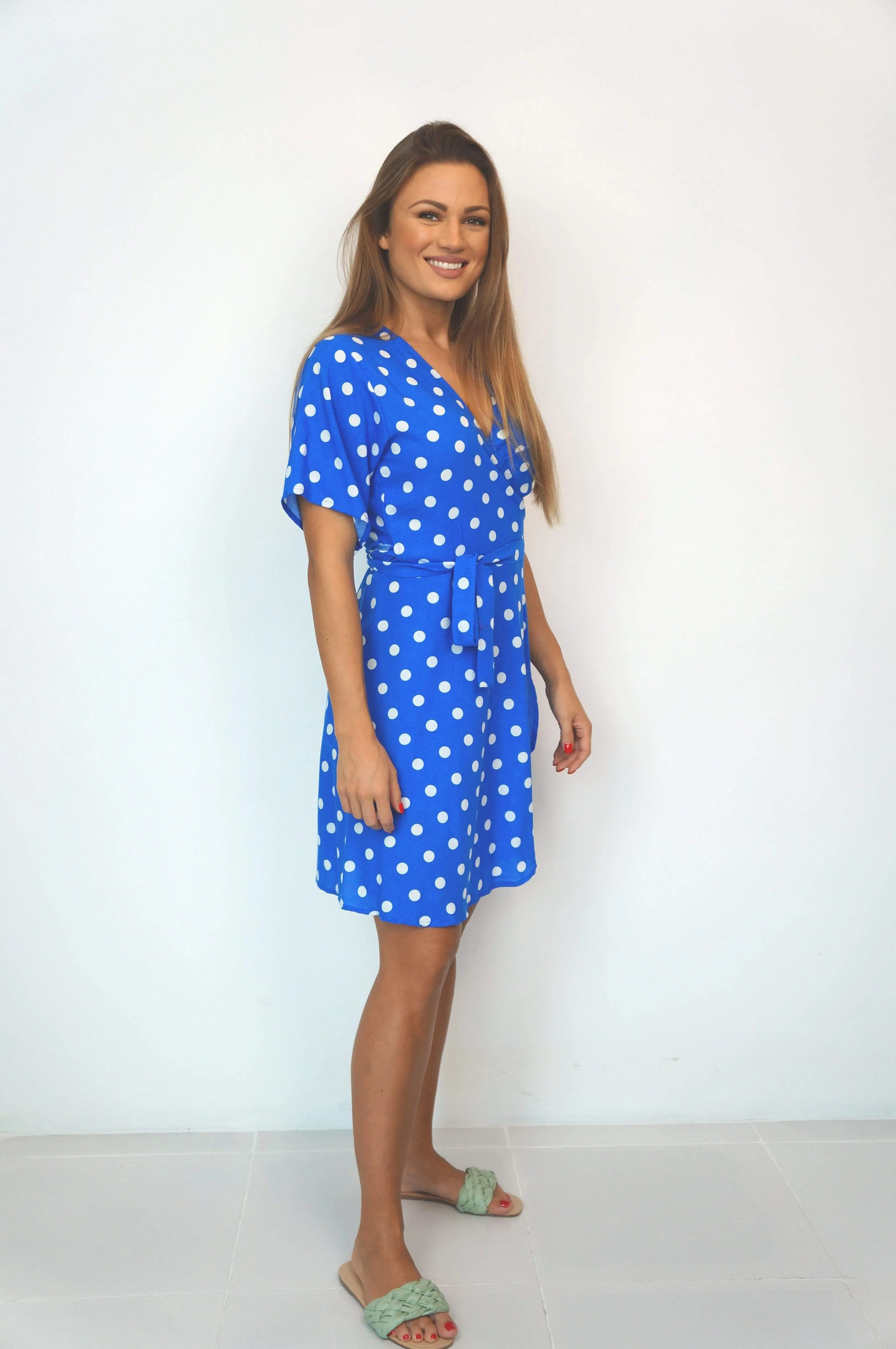 The Mini Wrap Dress - Royal Blue Polka Dot