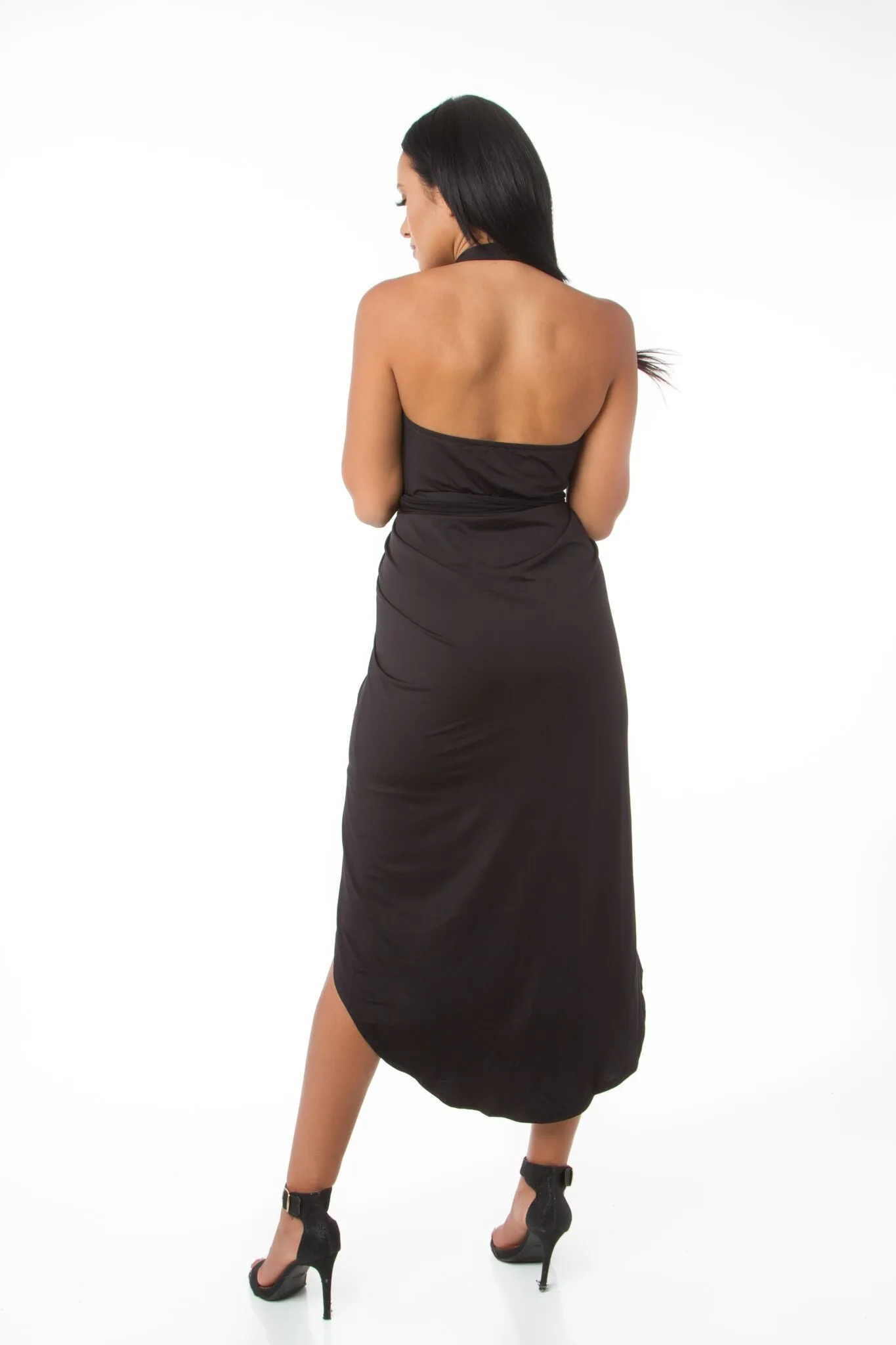 THE MYSTYLEMODE BLACK HALTER HIGH LOW WRAP DRESS