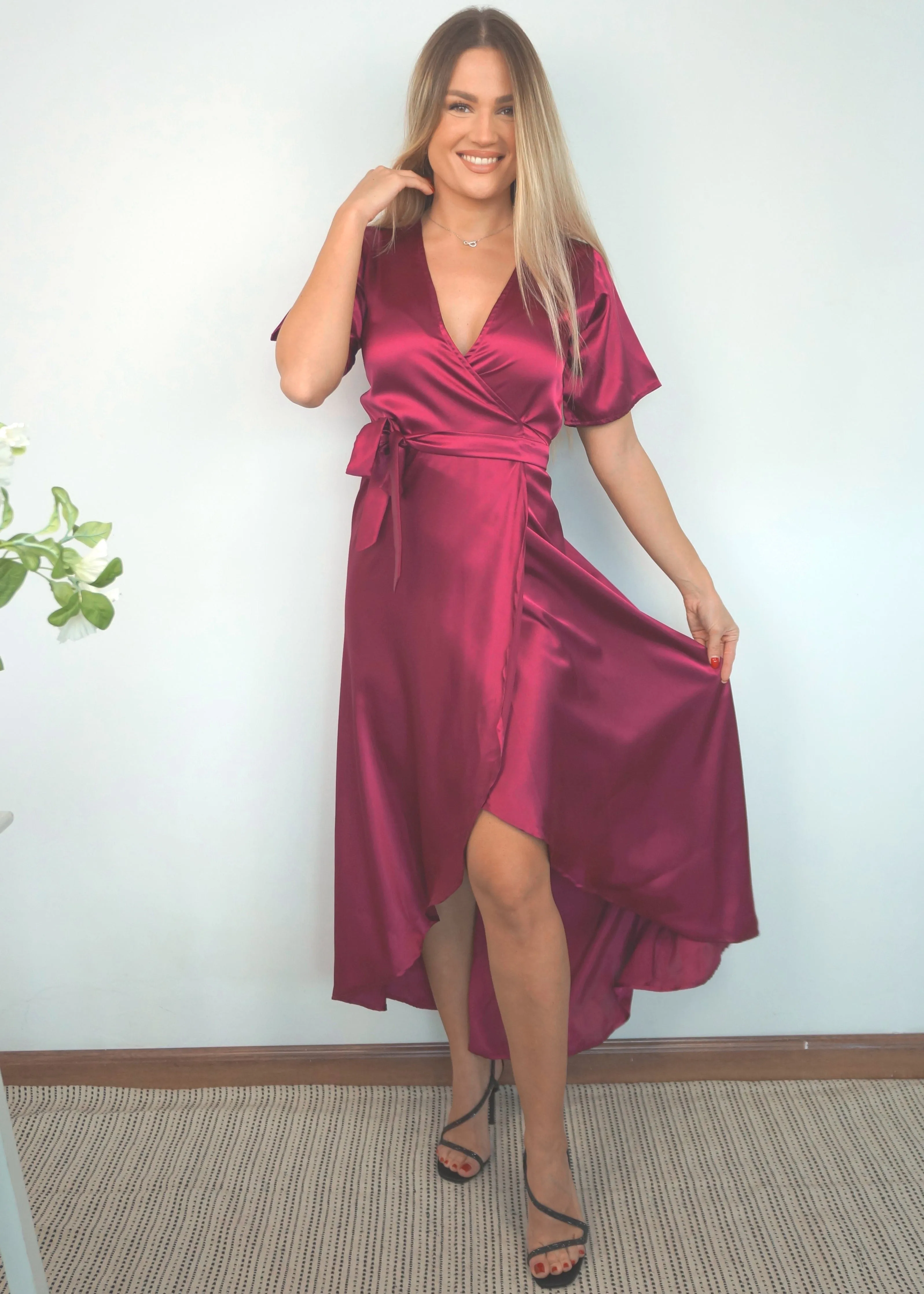 The Satin Wrap Dress - Mulberry Satin