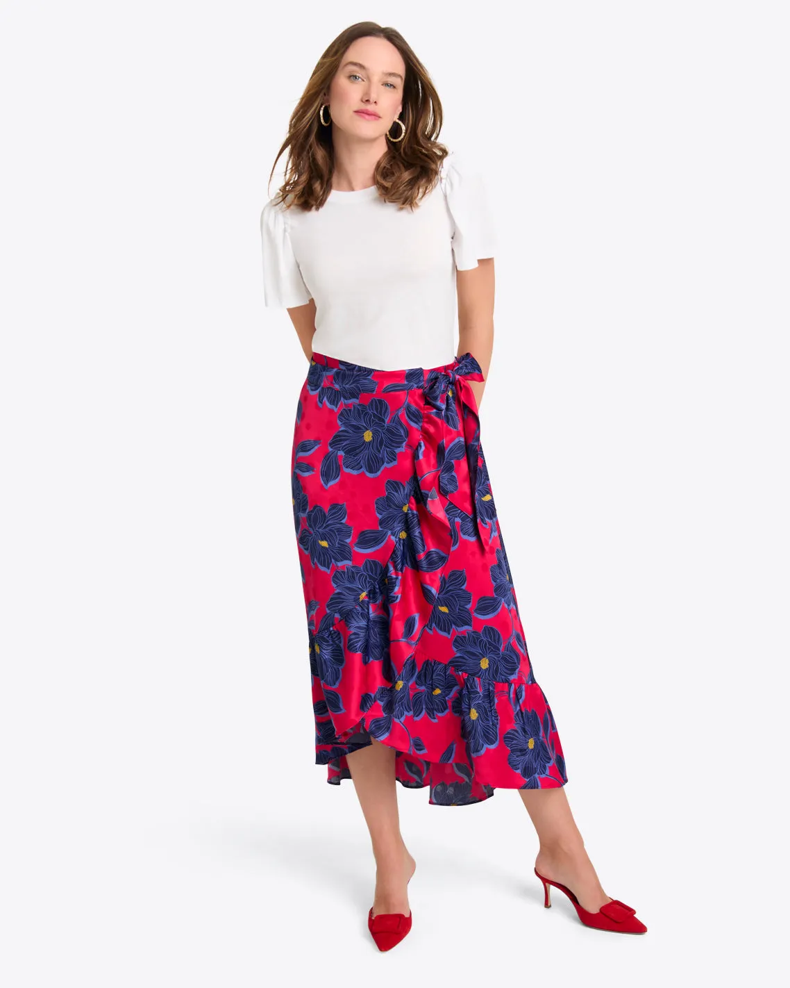 Tie Waist Wrap Skirt in Magnolia Jacquard Dot