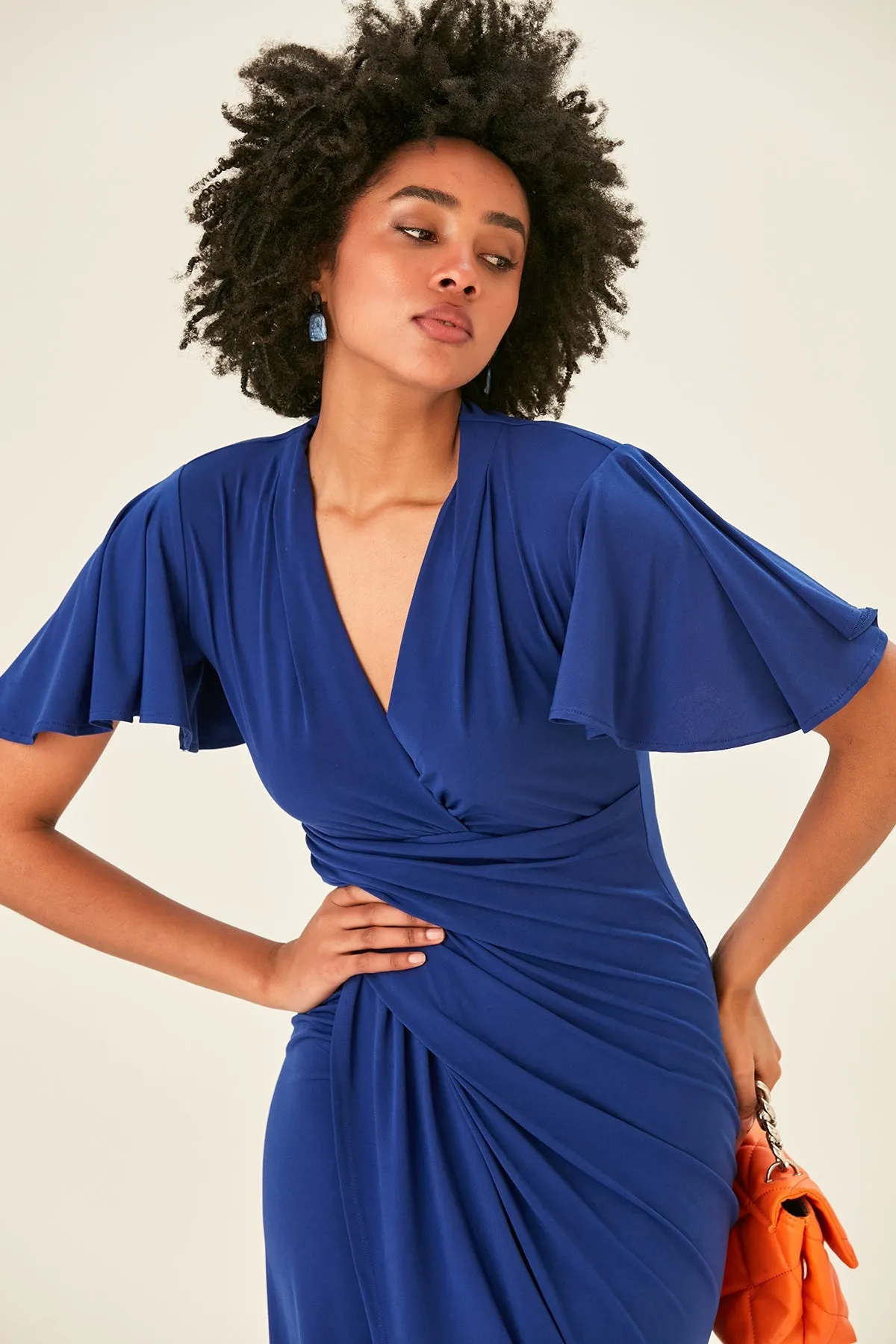 Timeless Angel Sleeve Wrap Dress in Sax Blue