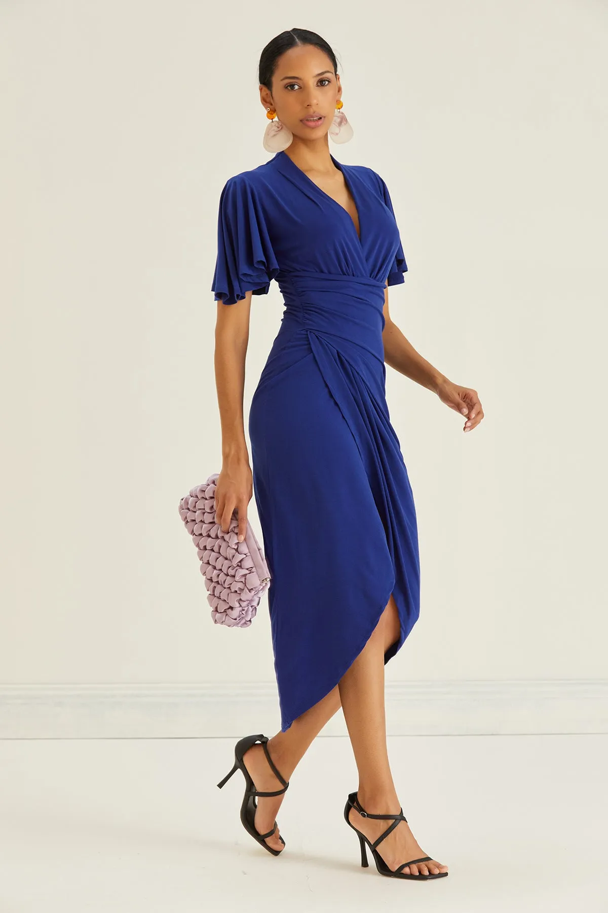 Timeless Angel Sleeve Wrap Dress in Sax Blue