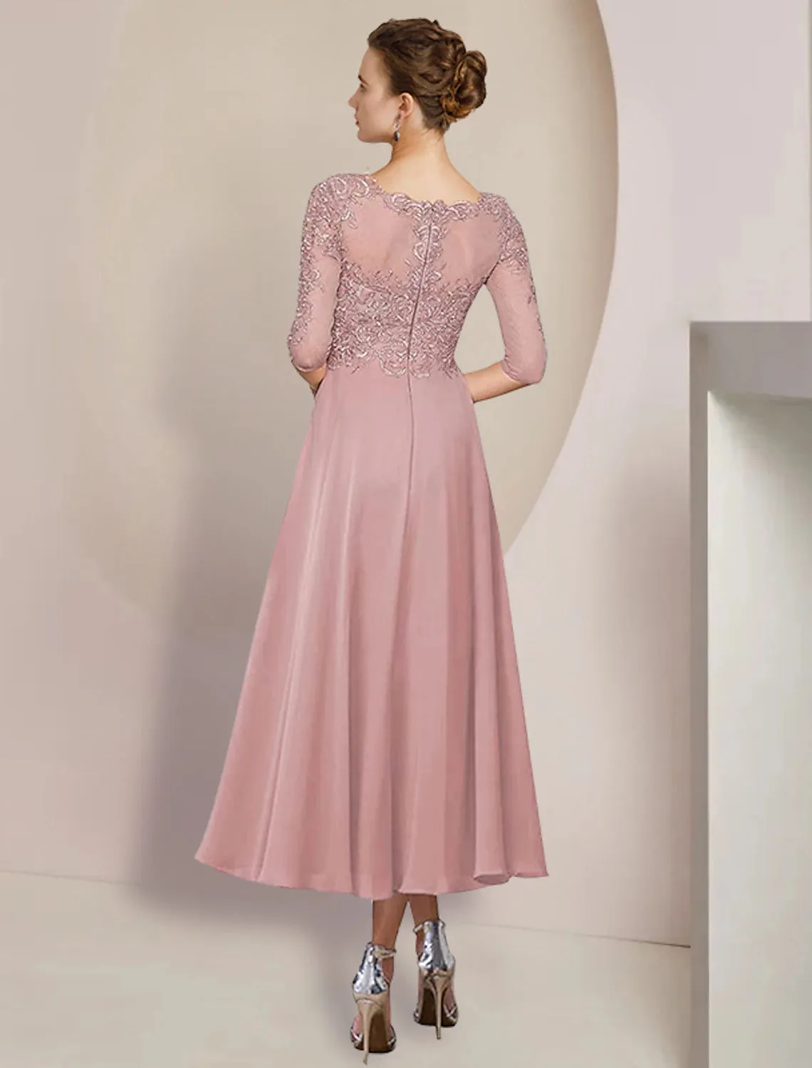 Two Piece A-Line Mother of the Bride Dress Formal Wedding Guest Elegant V Neck Tea Length Chiffon Lace 3/4 Length Sleeve Wrap Included with Appliques