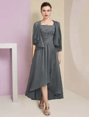 Two Piece A-Line Mother of the Bride Dress Formal Wedding Guest Party Elegant Square Neck Asymmetrical Tea Length Chiffon Lace 3/4 Length Sleeve Wrap Included with Ruched Appliques