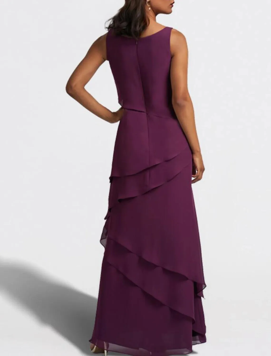 Two Piece A-Line Mother of the Bride Dress Wedding Guest Elegant Jewel Neck Floor Length Chiffon Sleeveless Fall Wrap Included with Cascading Ruffles Solid Color