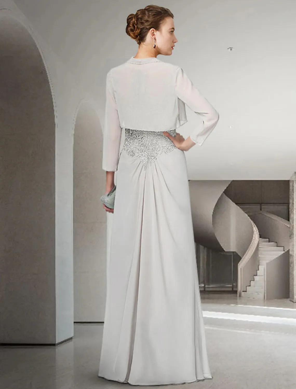 Two Piece Sheath / Column Mother of the Bride Dress Elegant Jewel Neck Floor Length Chiffon Lace 3/4 Length Sleeve Wrap Included with Ruffles Appliques