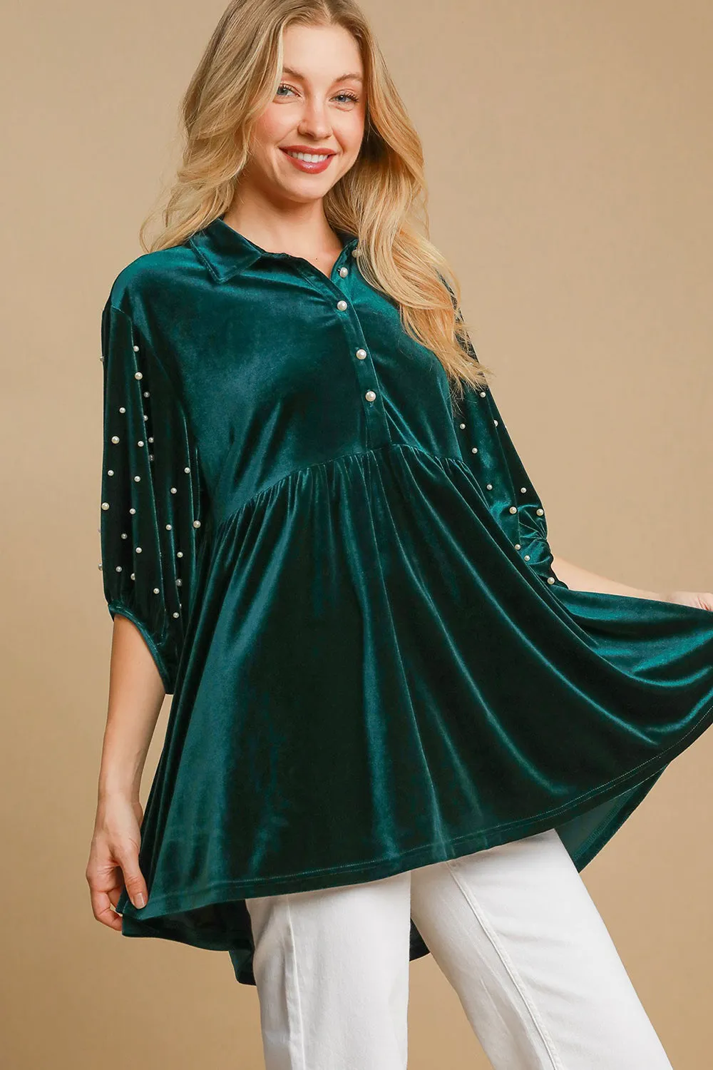 Umgee Pearl Velour Boho Oversized Tunic Top Babydoll Button Shirt Velvet Blouse