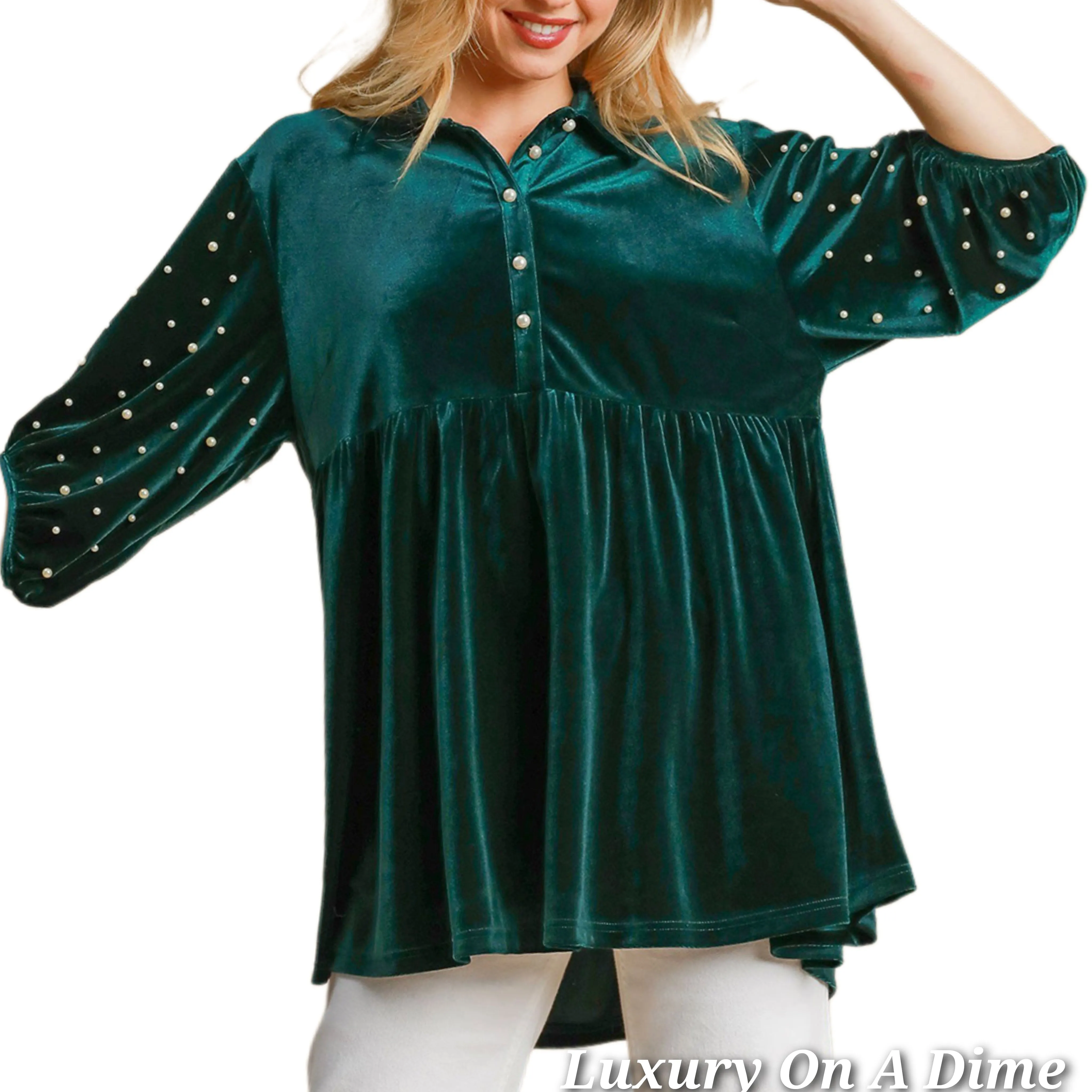 Umgee Pearl Velour Boho Oversized Tunic Top Babydoll Button Shirt Velvet Blouse