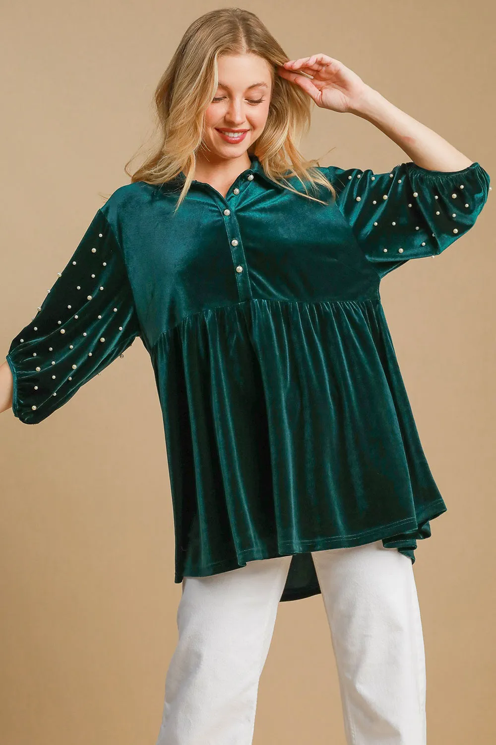 Umgee Pearl Velour Boho Oversized Tunic Top Babydoll Button Shirt Velvet Blouse