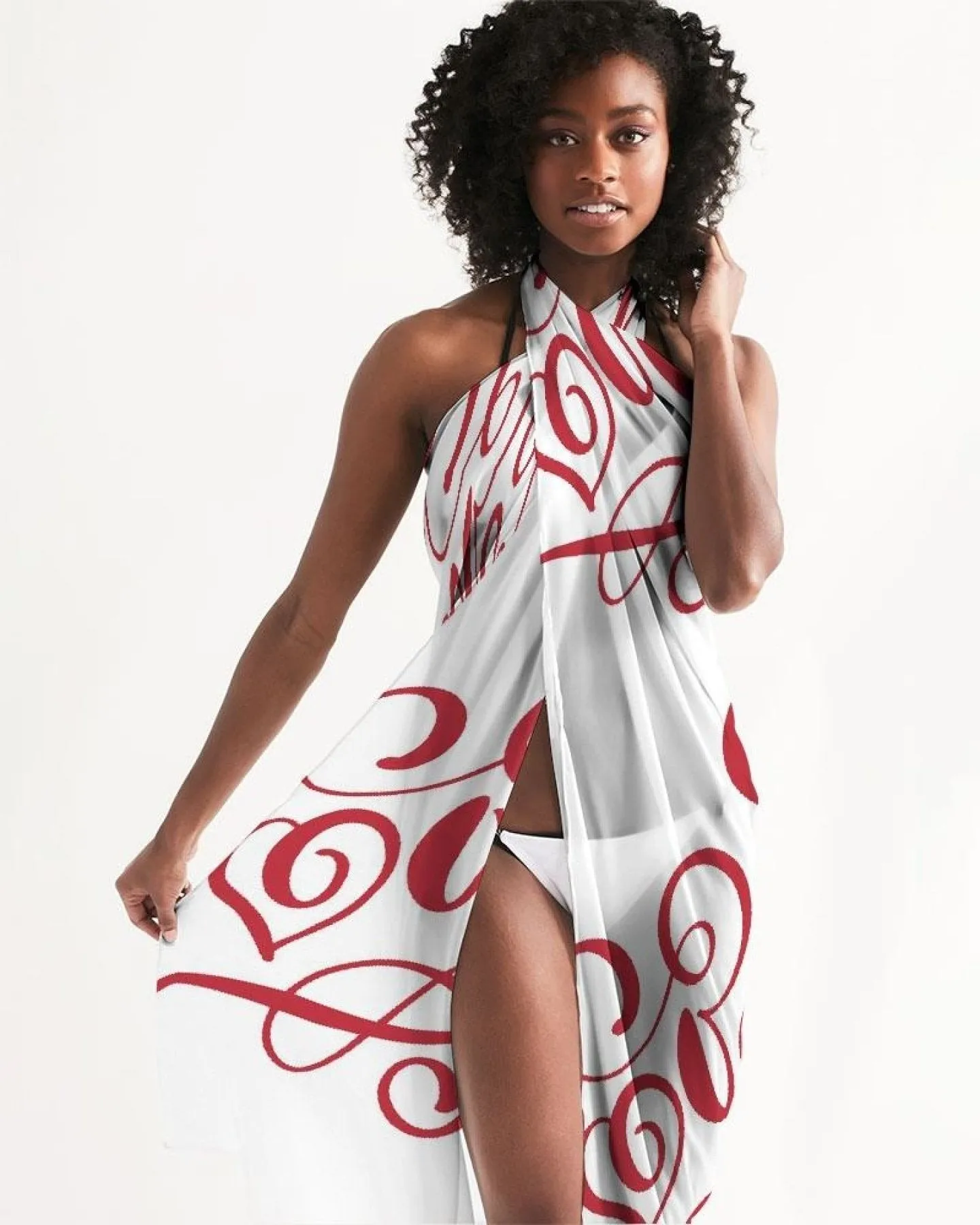 Uniquely You Sheer Sarong Swimsuit Cover Up Wrap / White And Red Abstract